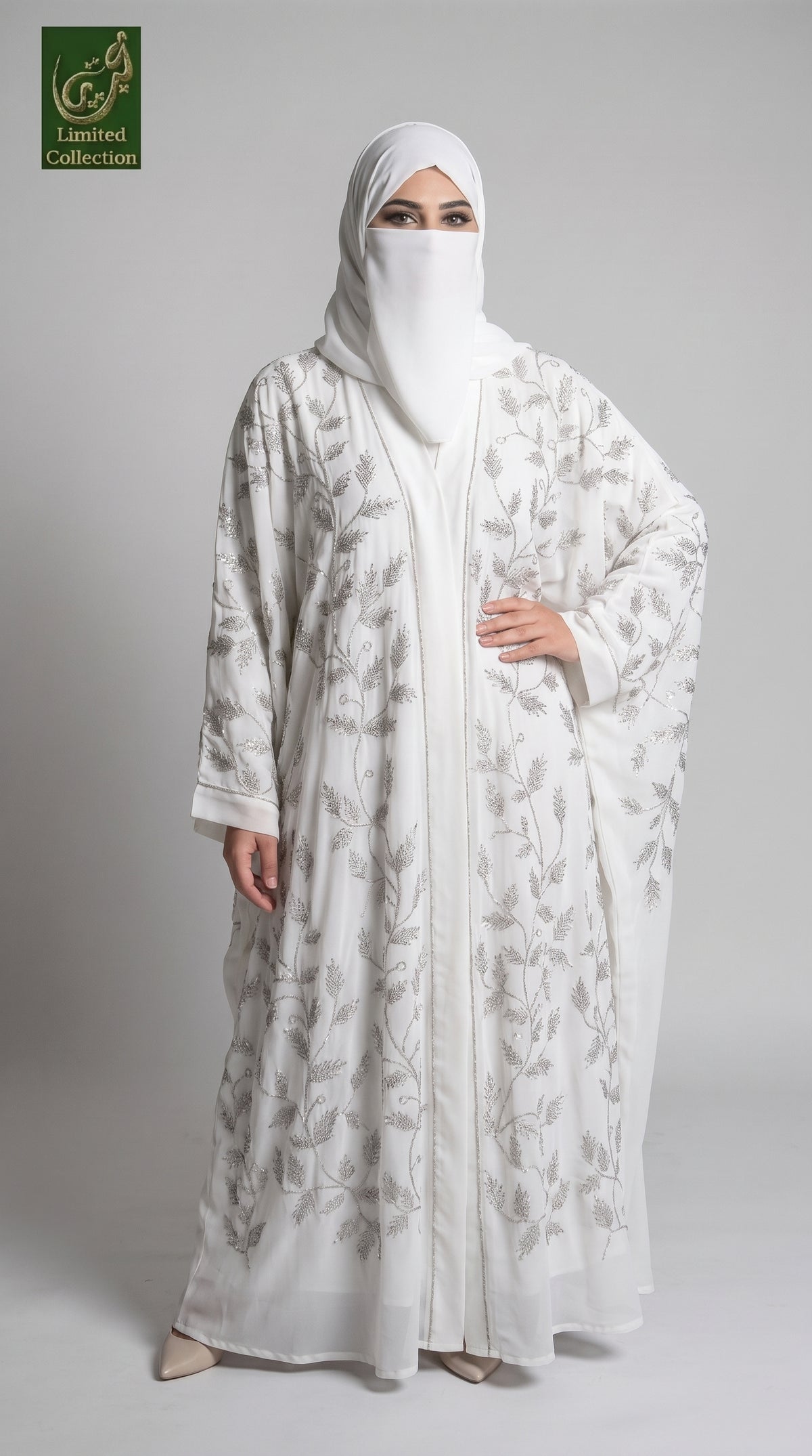 Front-Open Vine Bloom Stonework Butterfly Abaya | Premium Nida Fully Stone-Studded Butterfly Abaya