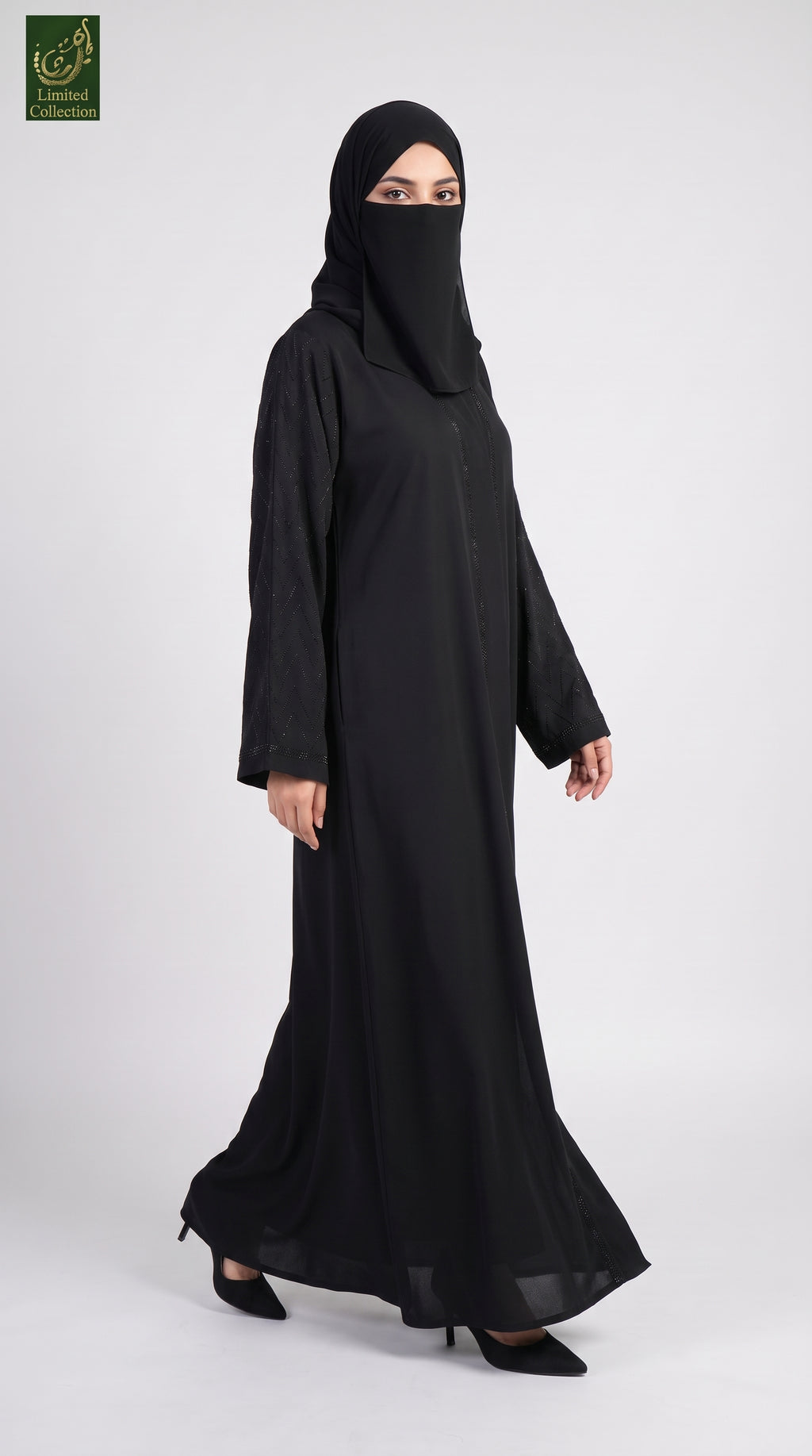 Front-Open Zigzag Stonework Black Abaya | Premium Nida Black Stone-Studded Abaya