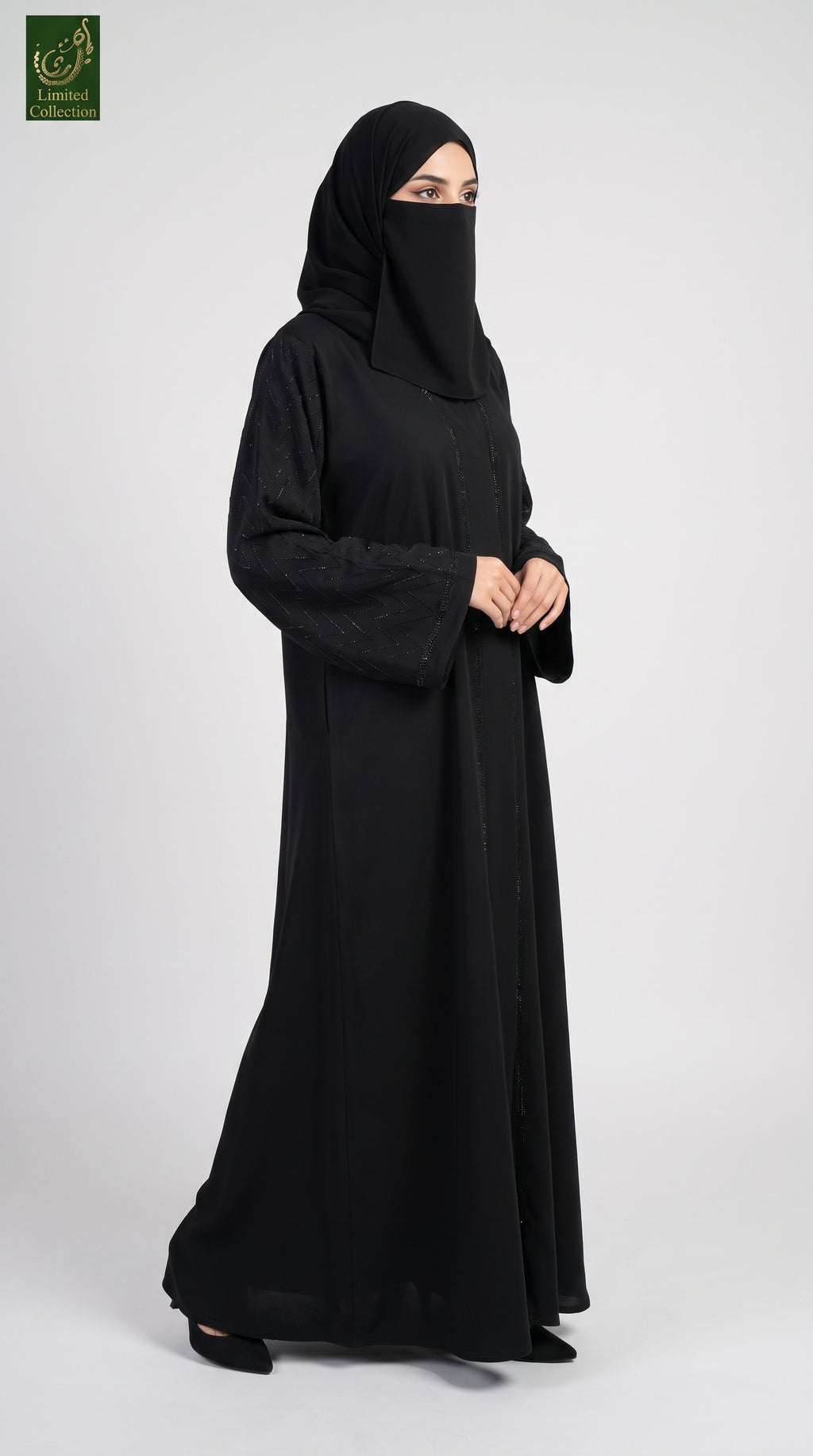 Front-Open Zigzag Stonework Black Abaya | Premium Nida Black Stone-Studded Abaya