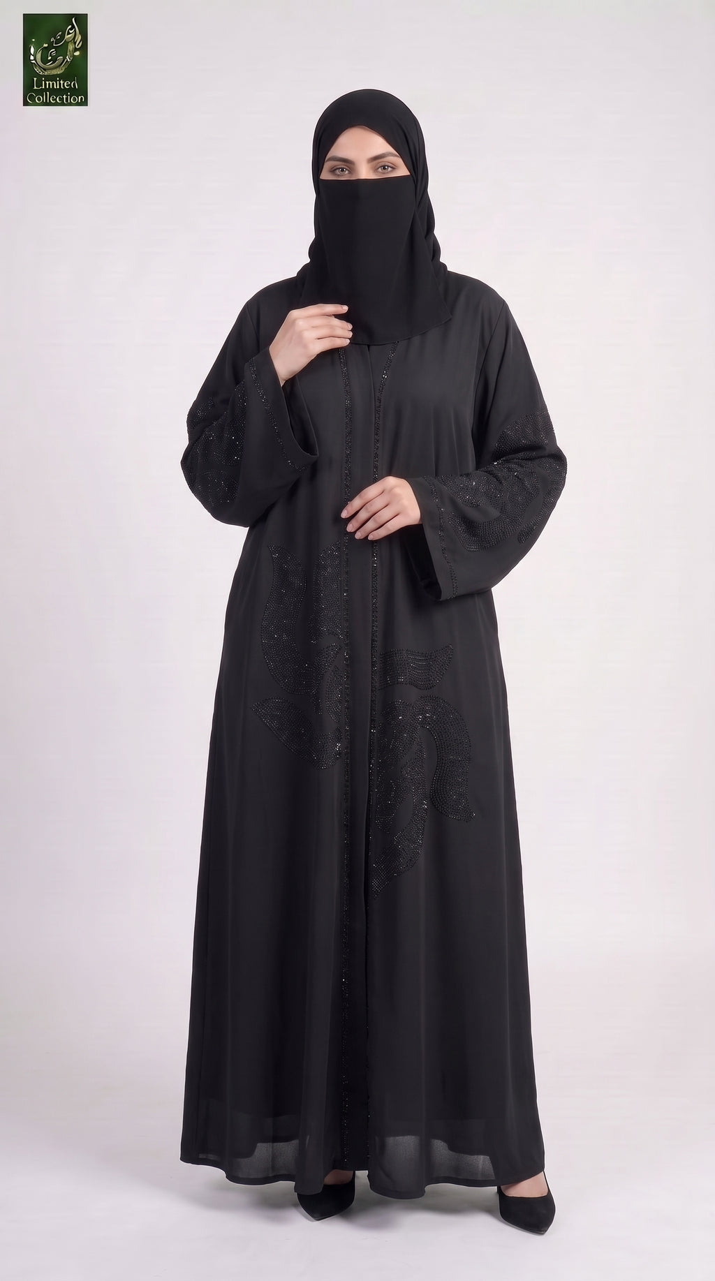Front-Open Swirling Stonework Black Abaya | Premium Nida Black Stone-Studded Abaya