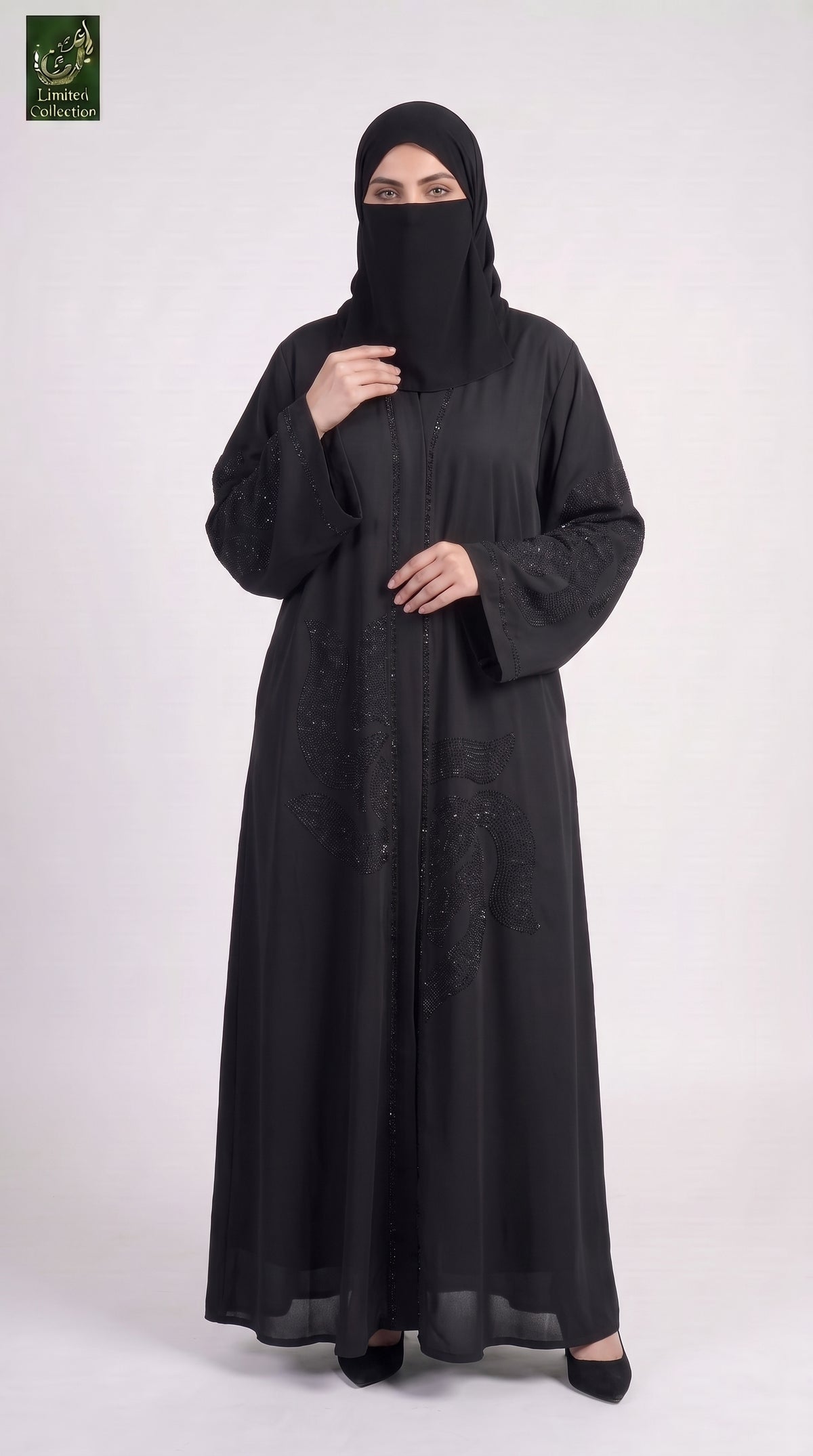 Front-Open Swirling Stonework Black Abaya | Premium Nida Black Stone-Studded Abaya