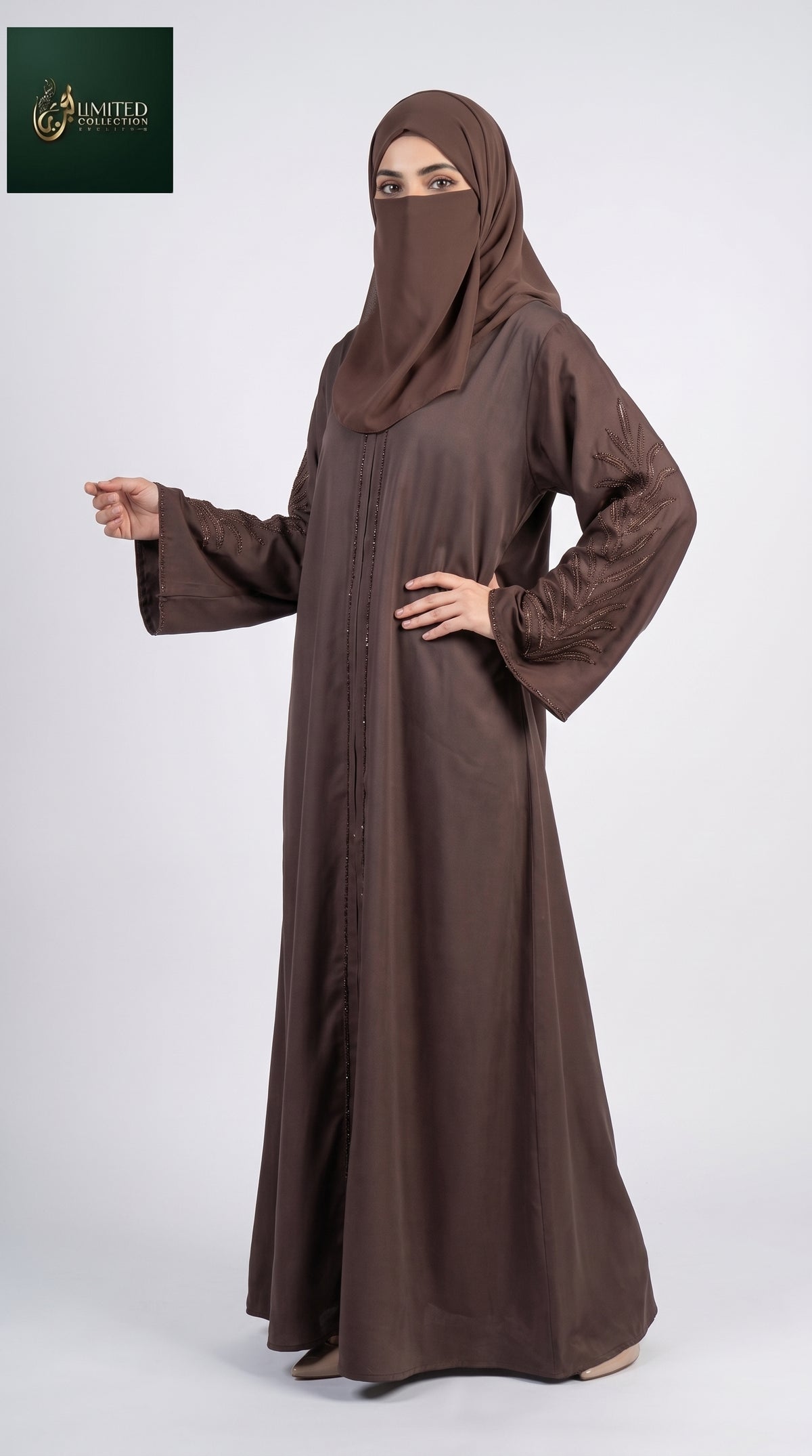 Front-Open Feather Stonework Abaya | Premium Romantic Nida Stone-Studded Abaya