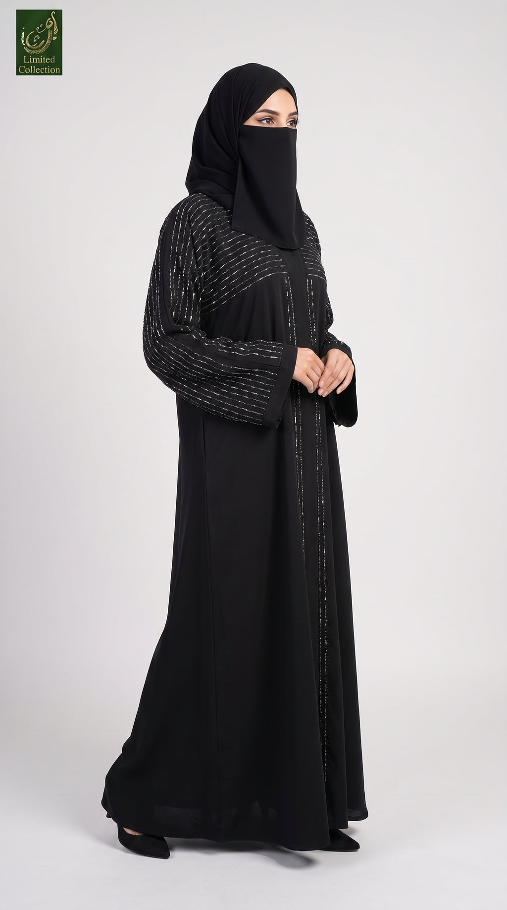 Front-Open Linear Stonework Black Abaya | Premium Nida Black Stone-Studded Abaya