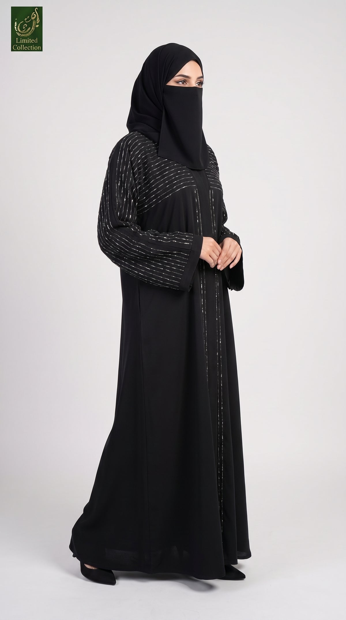 Front-Open Linear Stonework Black Abaya | Premium Nida Black Stone-Studded Abaya