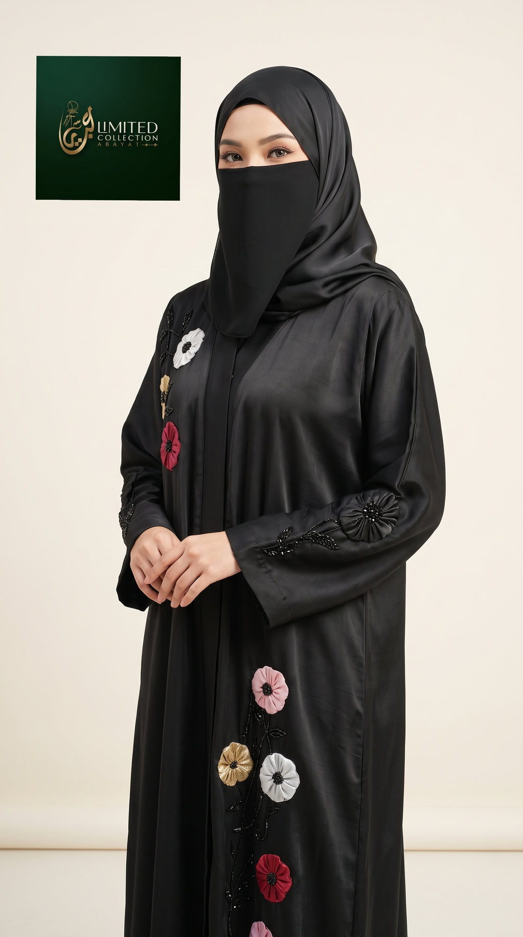 Front-Open Abaya with Floral Tissue Cut-Dana Work | Premium Romantic Nida Handmade Cut-dana Abaya