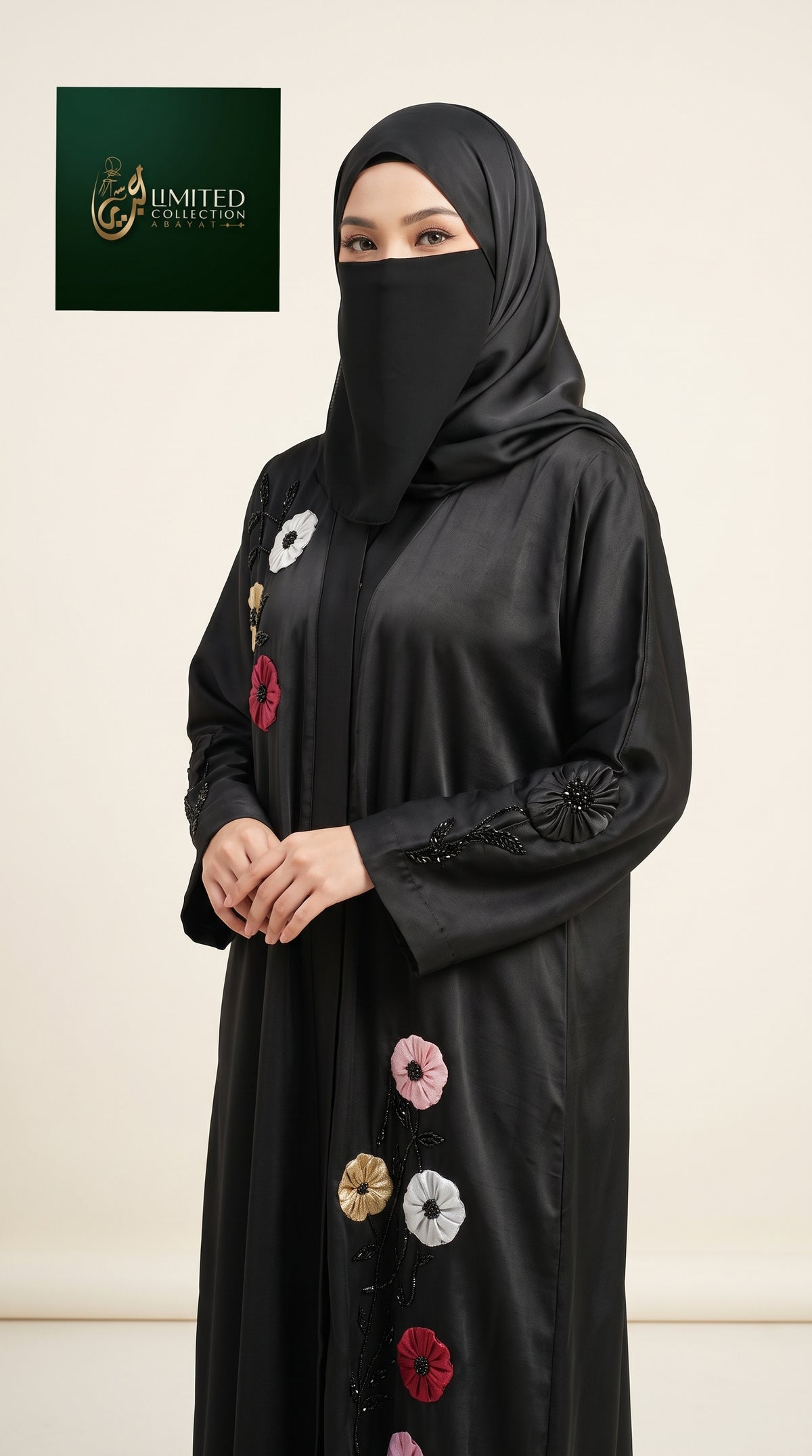 Front-Open Abaya with Floral Tissue Cut-Dana Work | Premium Romantic Nida Handmade Cut-dana Abaya