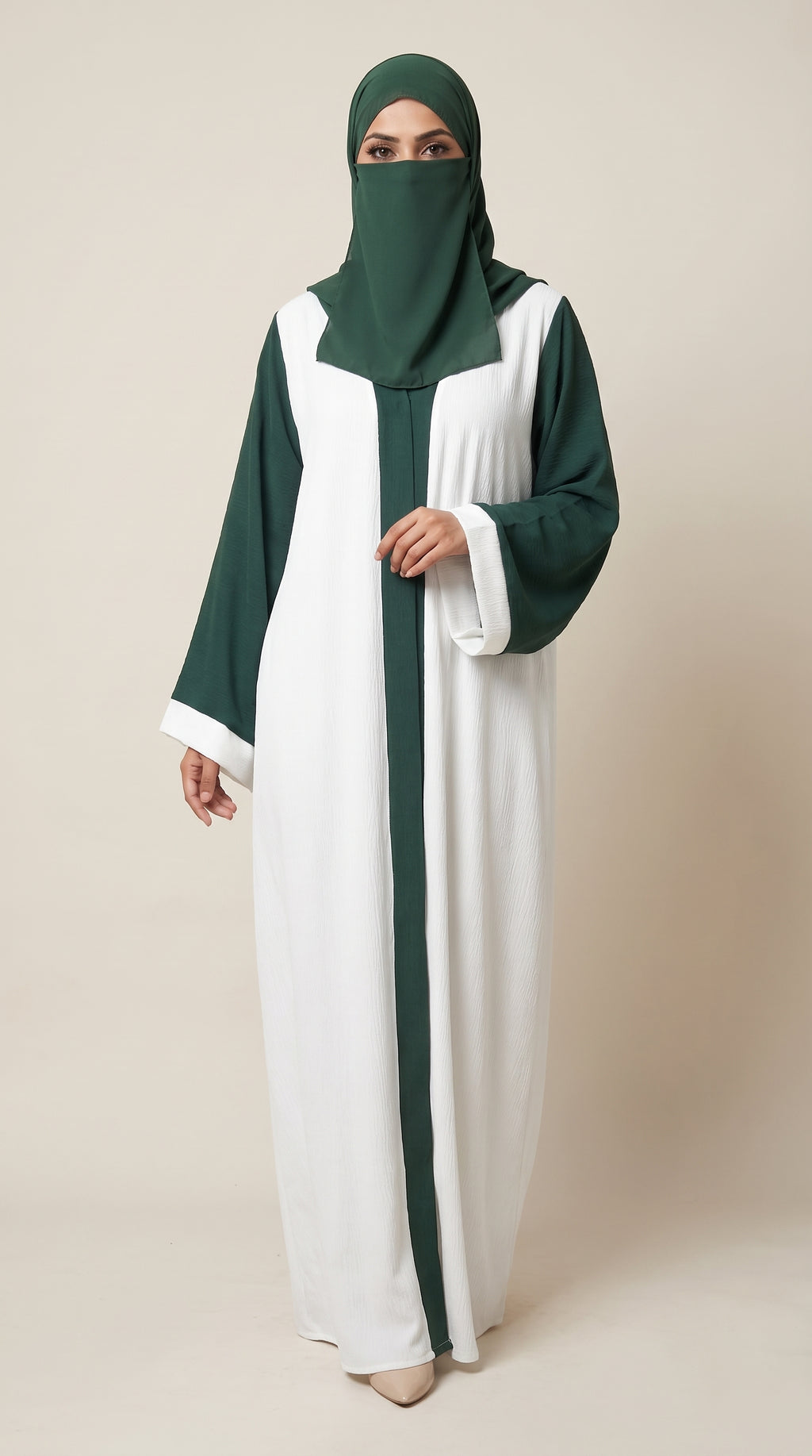 Front-Open Plain White Abaya with Green Trim & Matching Scarf | Premium Moss Chiffon Contrast Trim Abaya