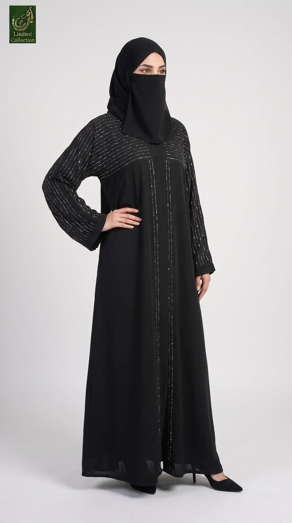 Front-Open Linear Stonework Black Abaya | Premium Nida Black Stone-Studded Abaya
