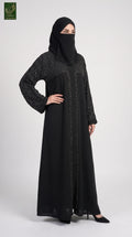 Front-Open Linear Stonework Black Abaya | Premium Nida Black Stone-Studded Abaya