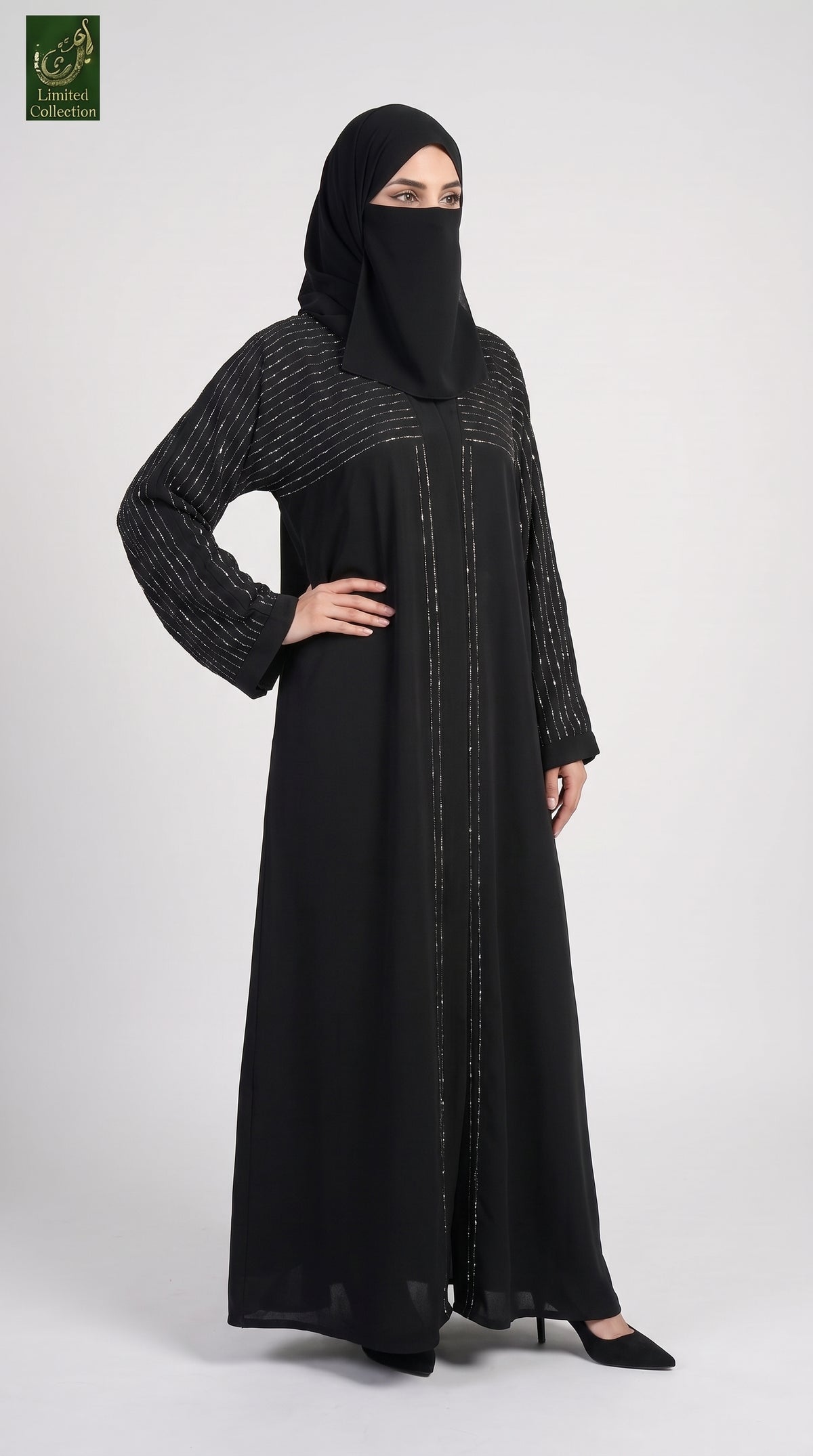Front-Open Linear Stonework Black Abaya | Premium Nida Black Stone-Studded Abaya