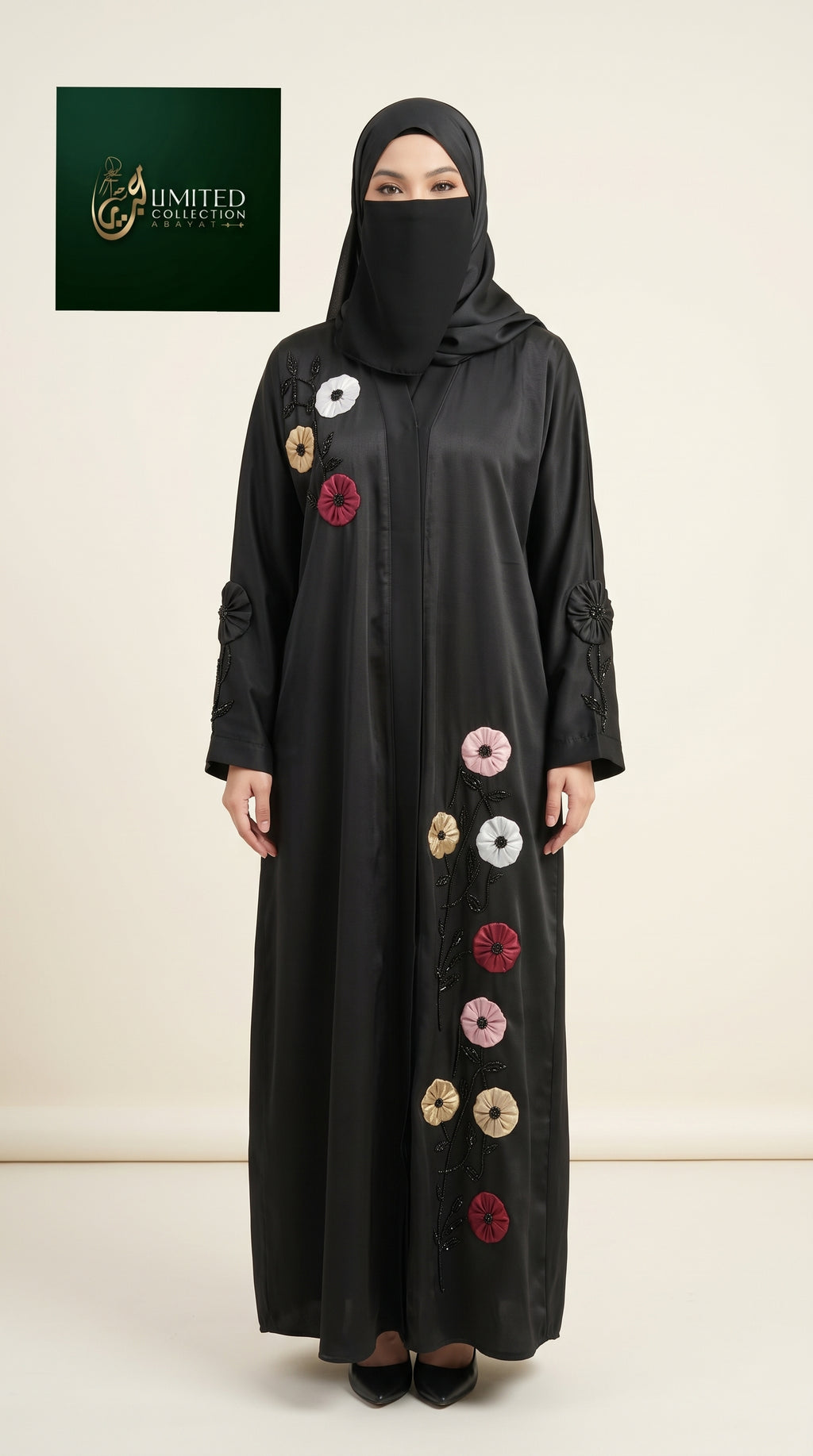 Front-Open Abaya with Floral Tissue Cut-Dana Work | Premium Romantic Nida Handmade Cut-dana Abaya