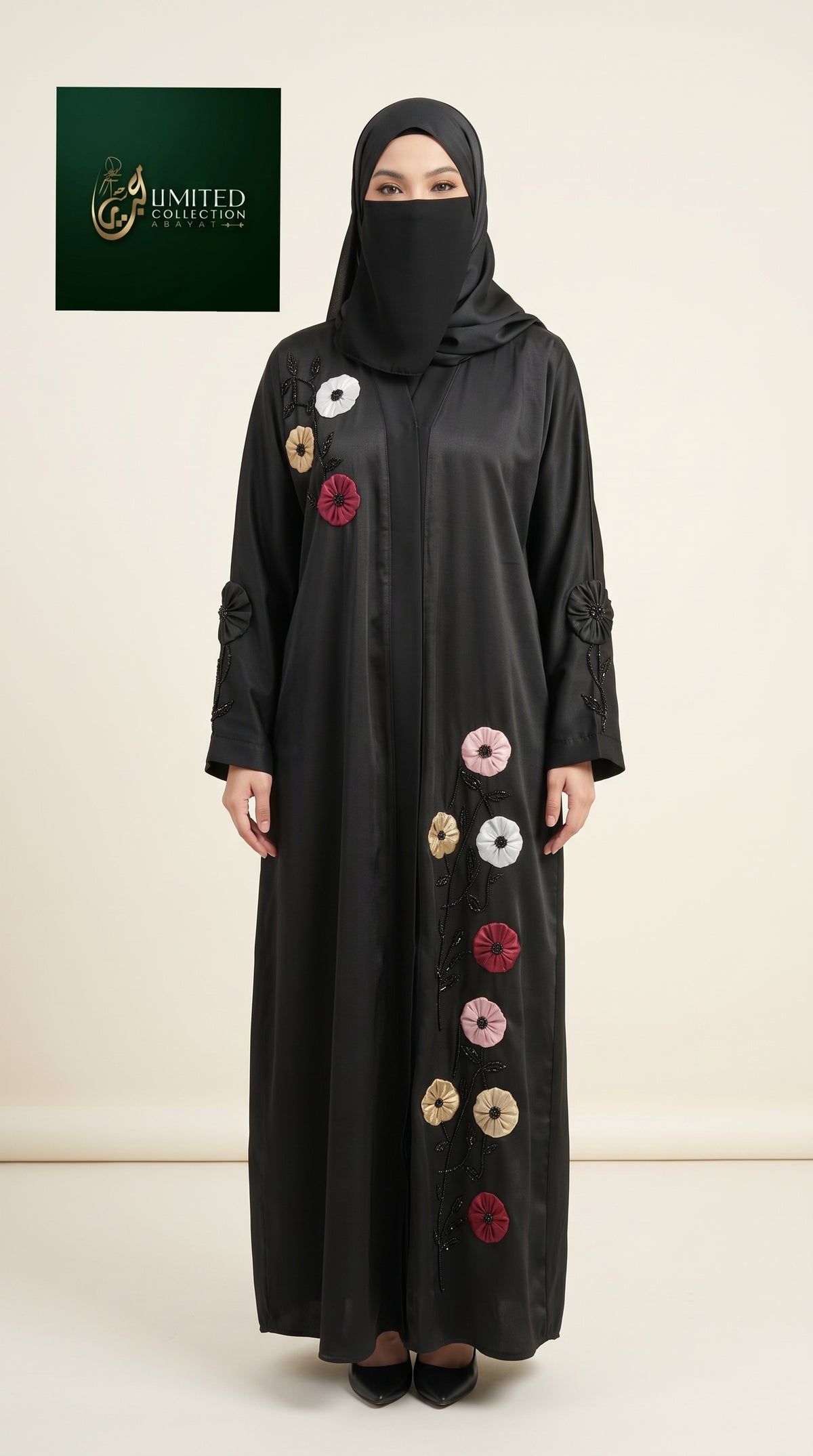 Front-Open Abaya with Floral Tissue Cut-Dana Work | Premium Romantic Nida Handmade Cut-dana Abaya