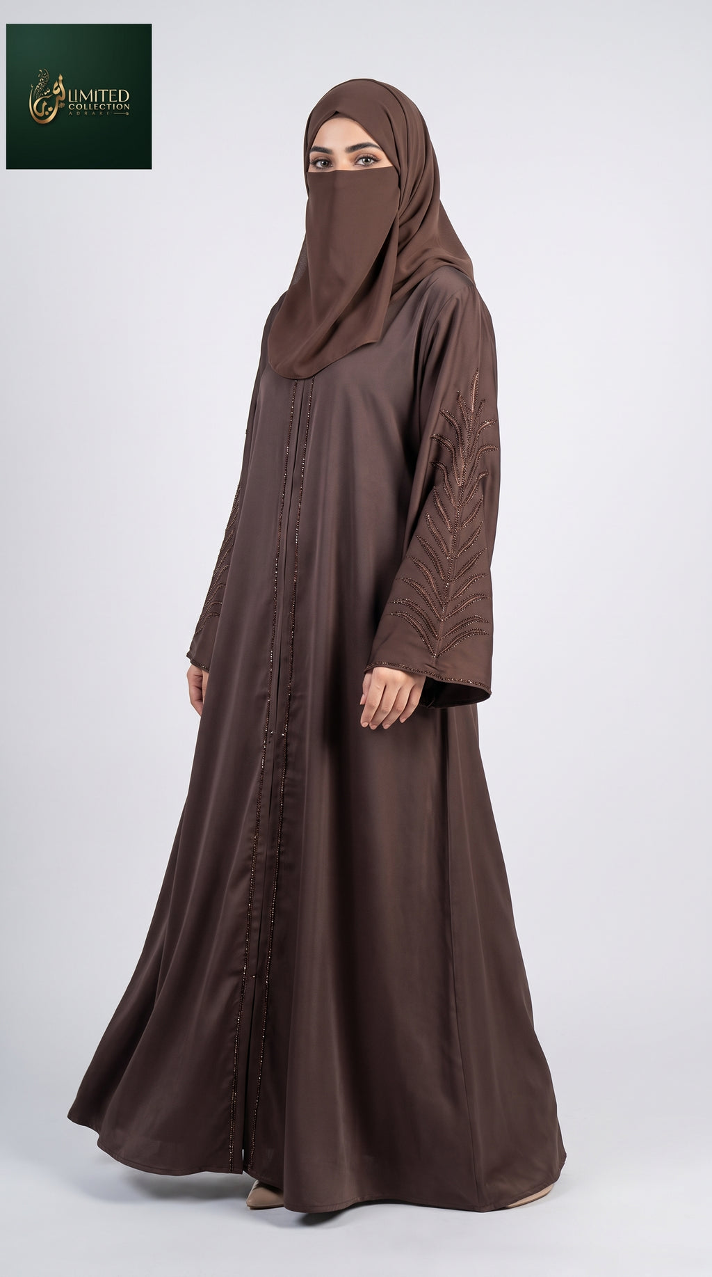 Front-Open Feather Stonework Abaya | Premium Romantic Nida Stone-Studded Abaya