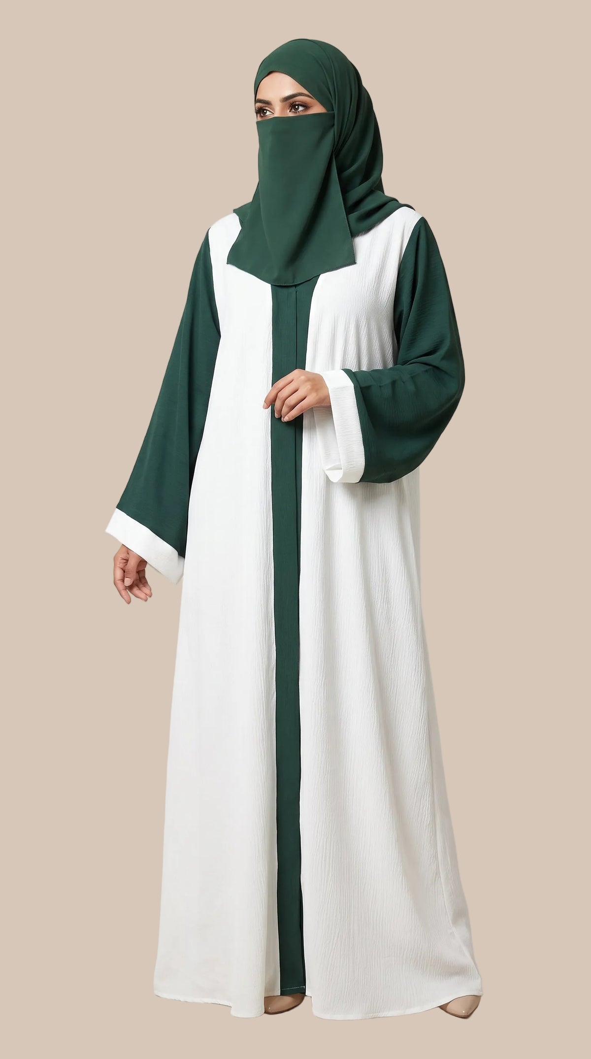 Front-Open Plain White Abaya with Green Trim & Matching Scarf | Premium Moss Chiffon Contrast Trim Abaya