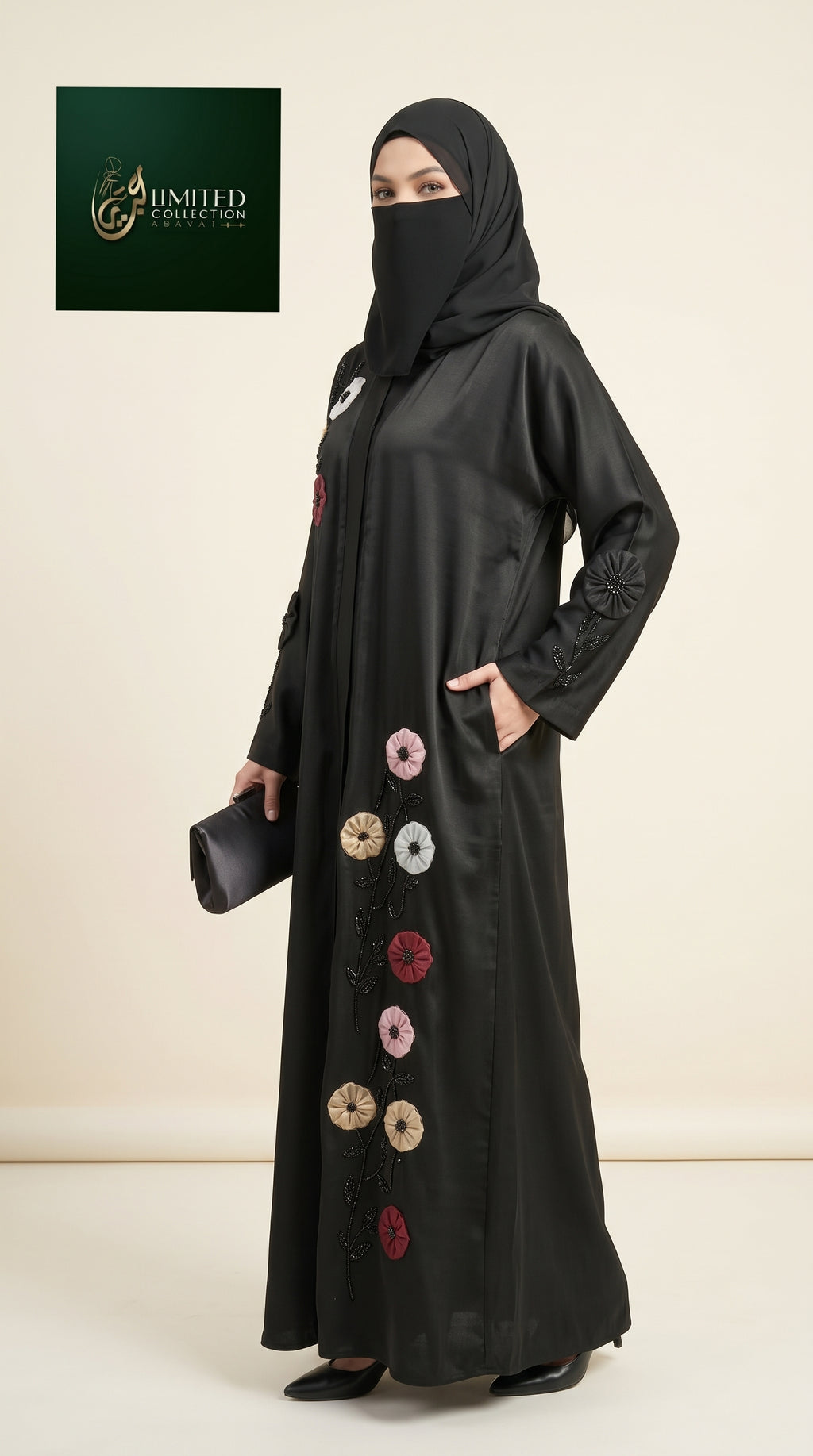 Front-Open Abaya with Floral Tissue Cut-Dana Work | Premium Romantic Nida Handmade Cut-dana Abaya