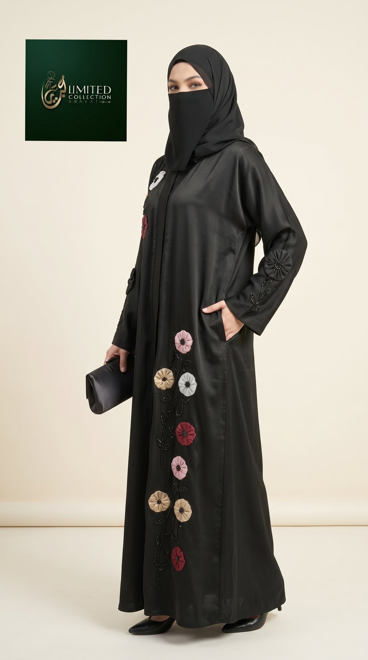 Front-Open Abaya with Floral Tissue Cut-Dana Work | Premium Romantic Nida Handmade Cut-dana Abaya