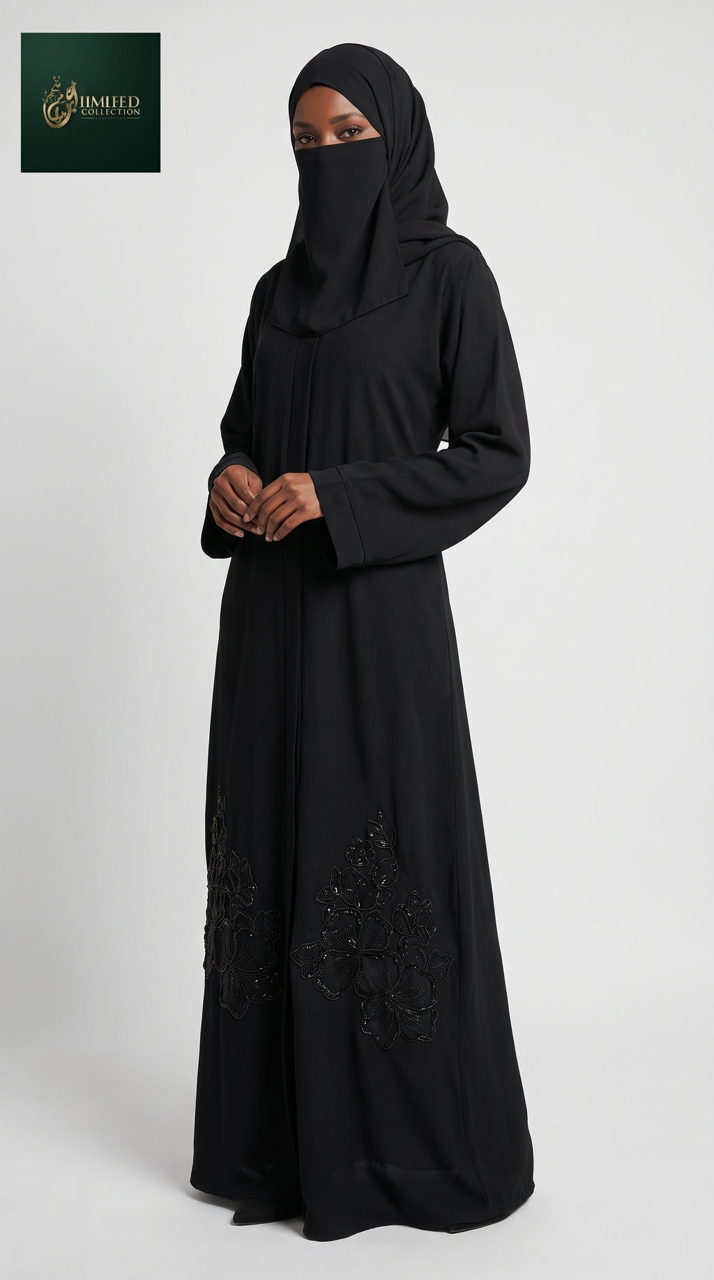 Front-Open Black Abaya with Floral Handcrafted Cutdana Hem | Premium Nida Black Abaya with Embellished Hem
