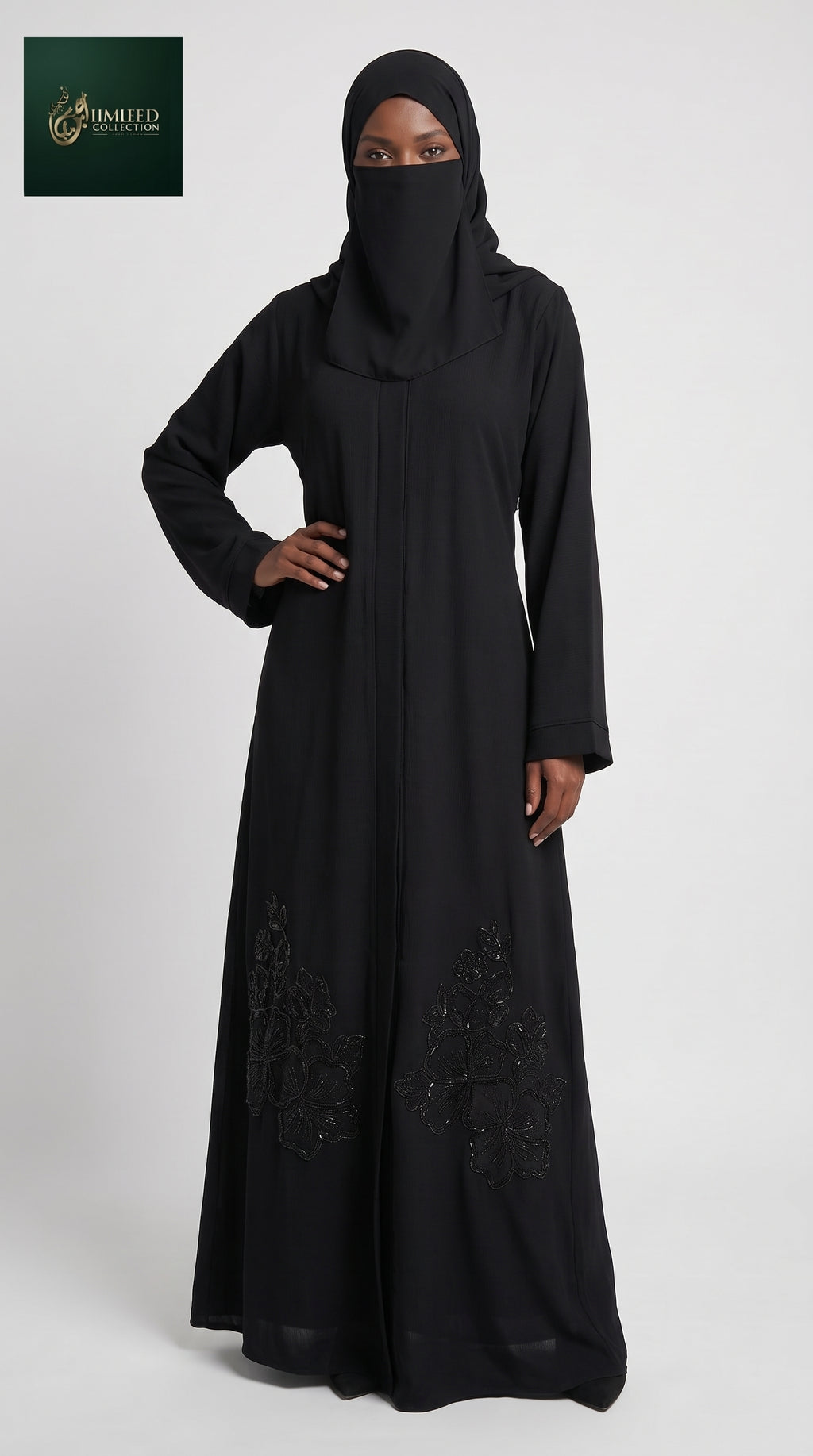 Front-Open Black Abaya with Floral Handcrafted Cutdana Hem | Premium Nida Black Abaya with Embellished Hem