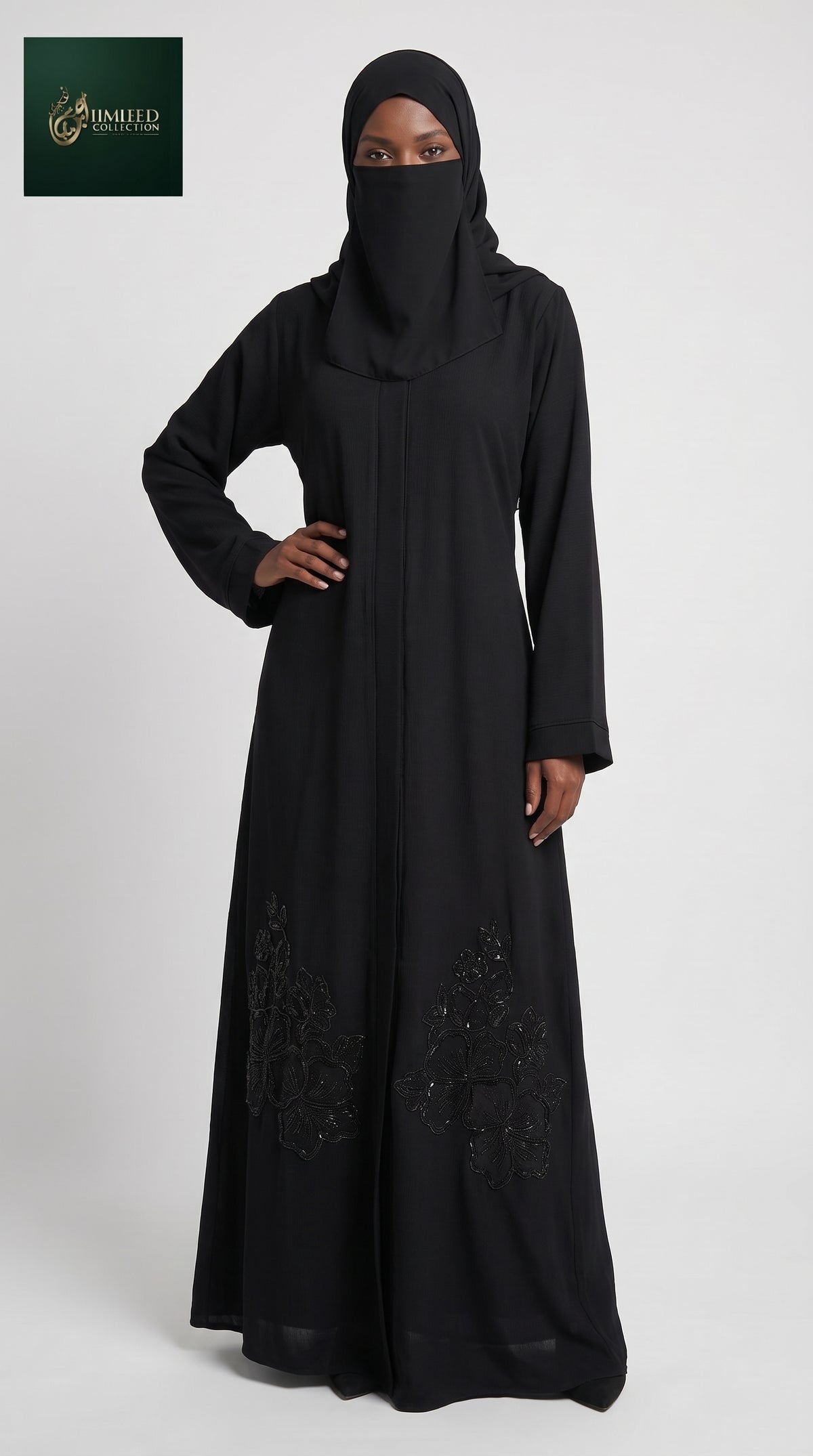 Front-Open Black Abaya with Floral Handcrafted Cutdana Hem | Premium Nida Black Abaya with Embellished Hem