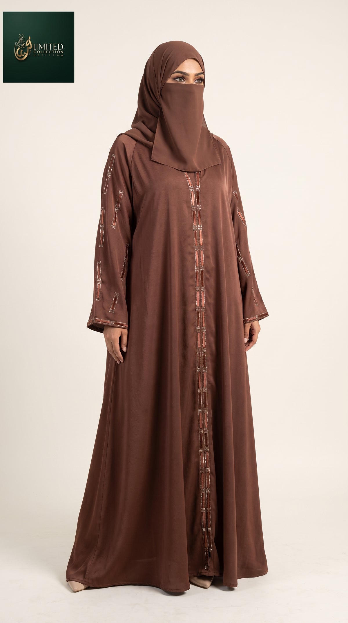 Front-Open Block Stonework Abaya | Premium Romantic Nida Stone-Studded Abaya