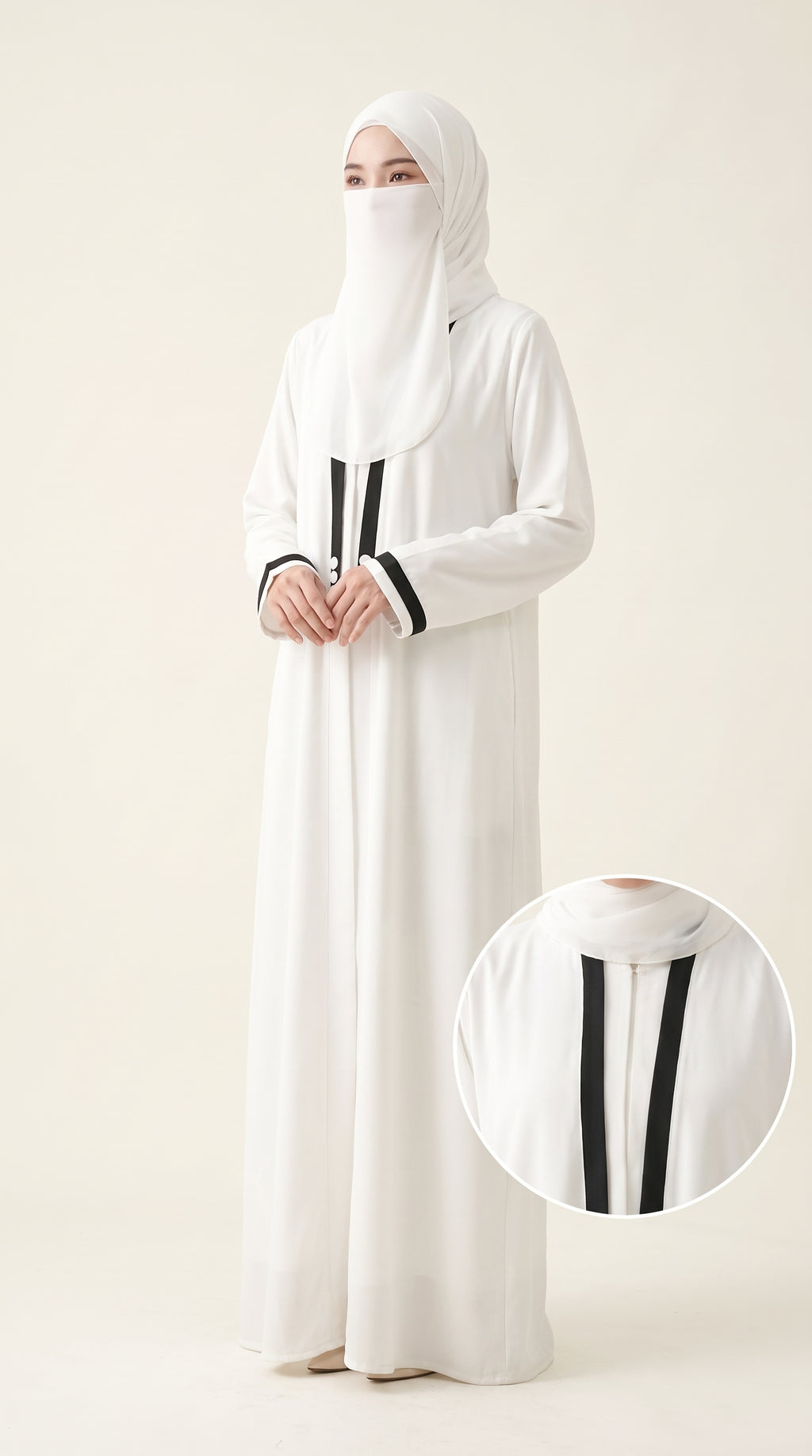 Front-Open Contrast Trim Minimalist Abaya with Scarf | Premium Moss Chiffon Contrast Abaya