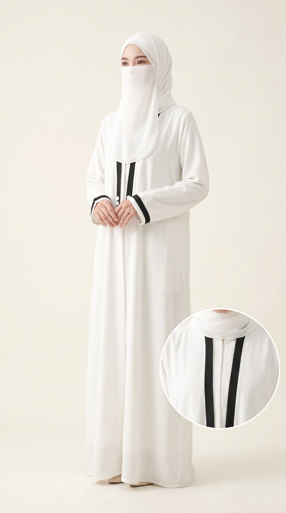Front-Open Contrast Trim Minimalist Abaya with Scarf | Premium Moss Chiffon Contrast Abaya