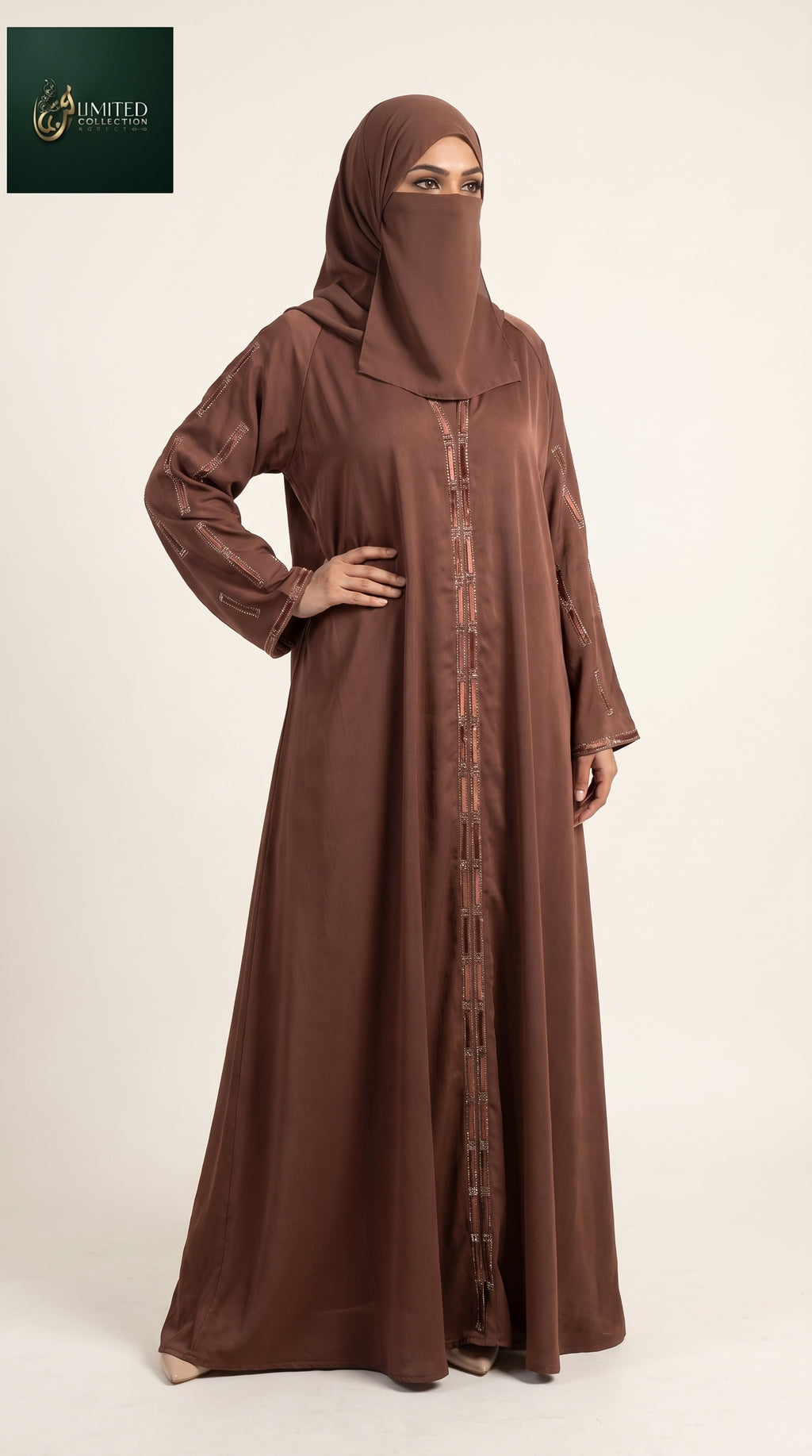 Front-Open Block Stonework Abaya | Premium Romantic Nida Stone-Studded Abaya
