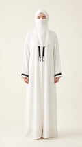 Front-Open Contrast Trim Minimalist Abaya with Scarf | Premium Moss Chiffon Contrast Abaya