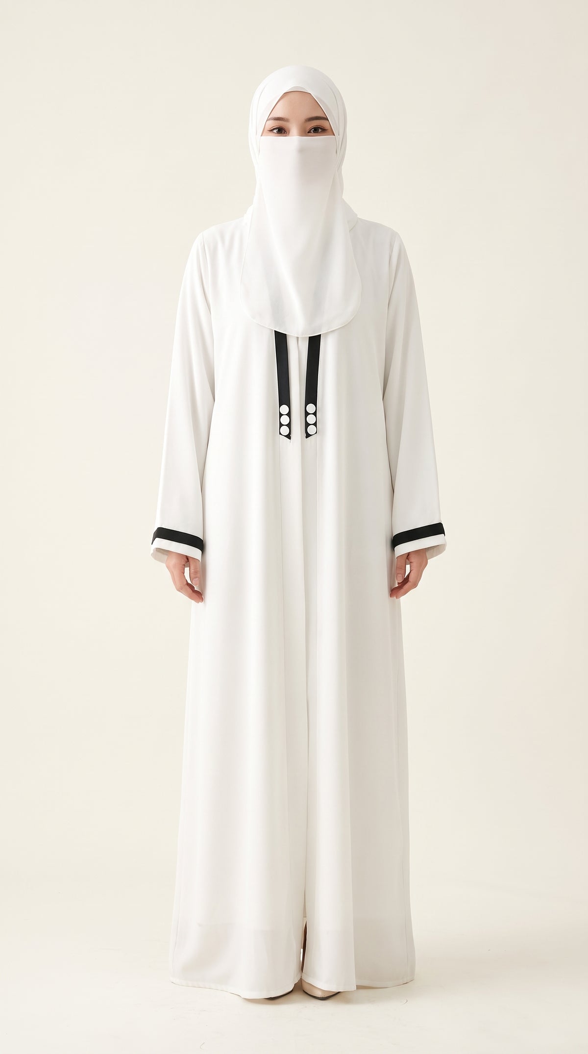 Front-Open Contrast Trim Minimalist Abaya with Scarf | Premium Moss Chiffon Contrast Abaya