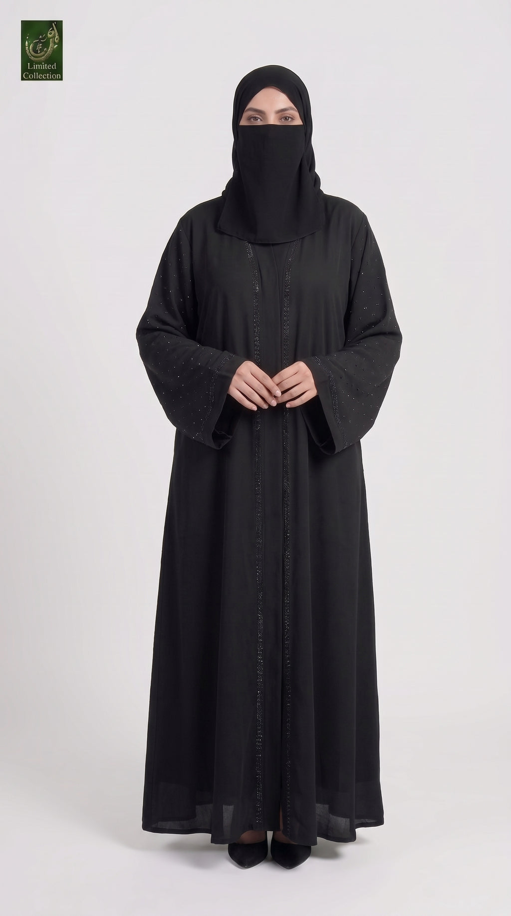 Front-Open Sparkling Stonework Black Abaya | Premium Nida Black Stone-Studded Abaya
