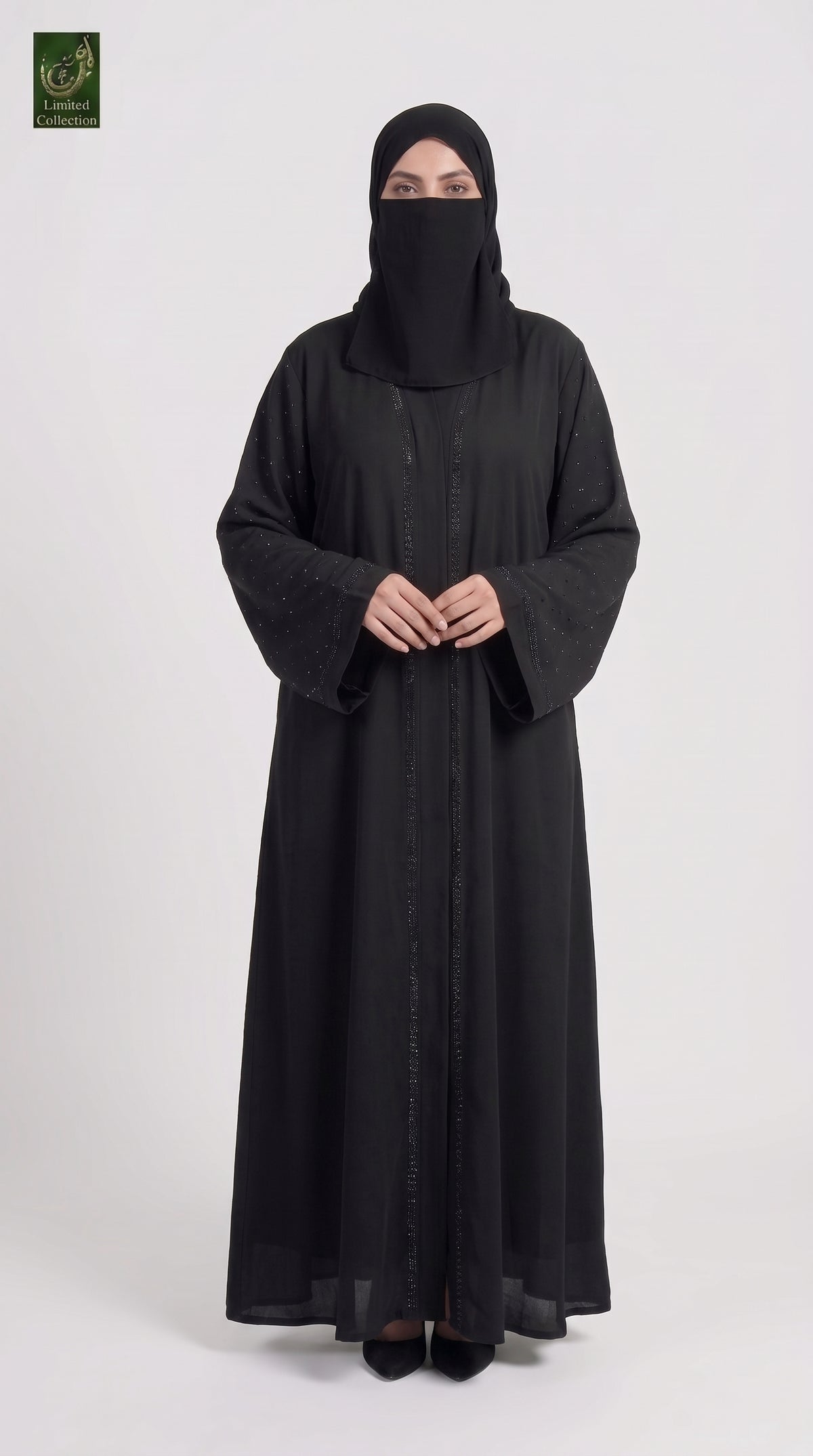 Front-Open Sparkling Stonework Black Abaya | Premium Nida Black Stone-Studded Abaya