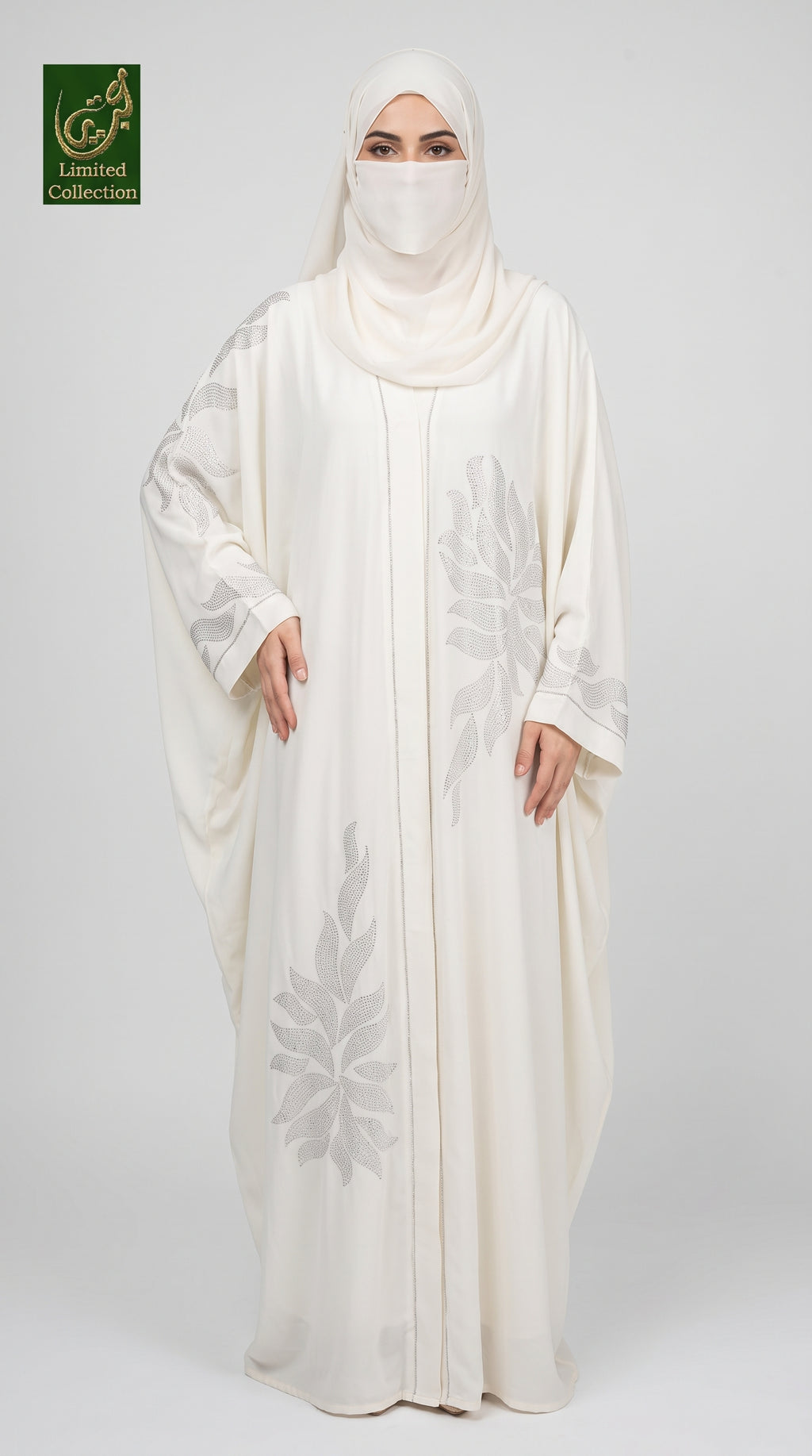 Front-Open Petal Stonework Butterfly Abaya with Scarf | Premium Nida Stone-Studded Butterfly Abaya