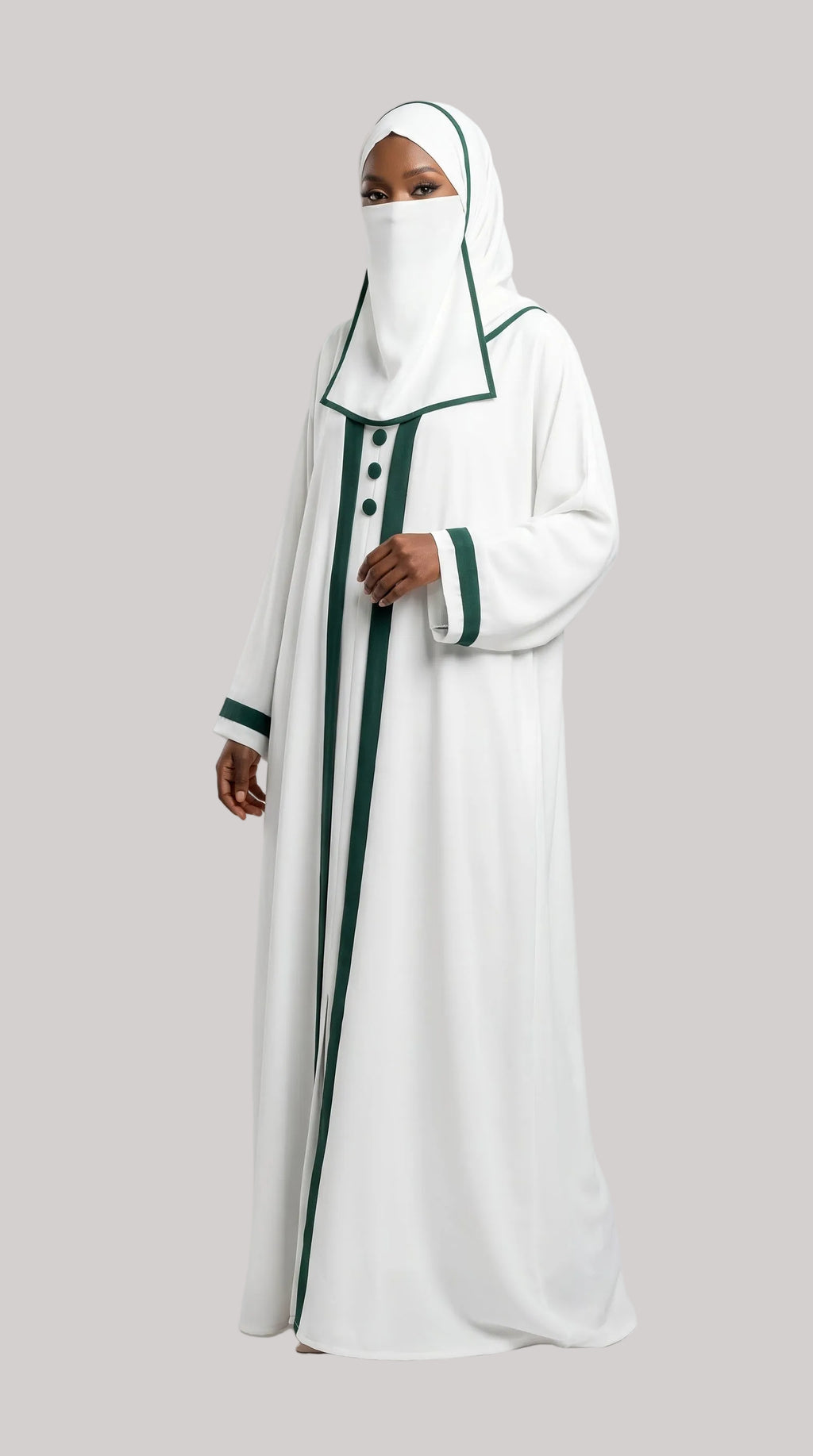 Front-Closed Contrast Trim Abaya with Scarf | Premium Moss Chiffon Contrast Button Maxi Abaya