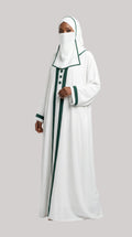 Front-Closed Contrast Trim Abaya with Scarf | Premium Moss Chiffon Contrast Button Maxi Abaya