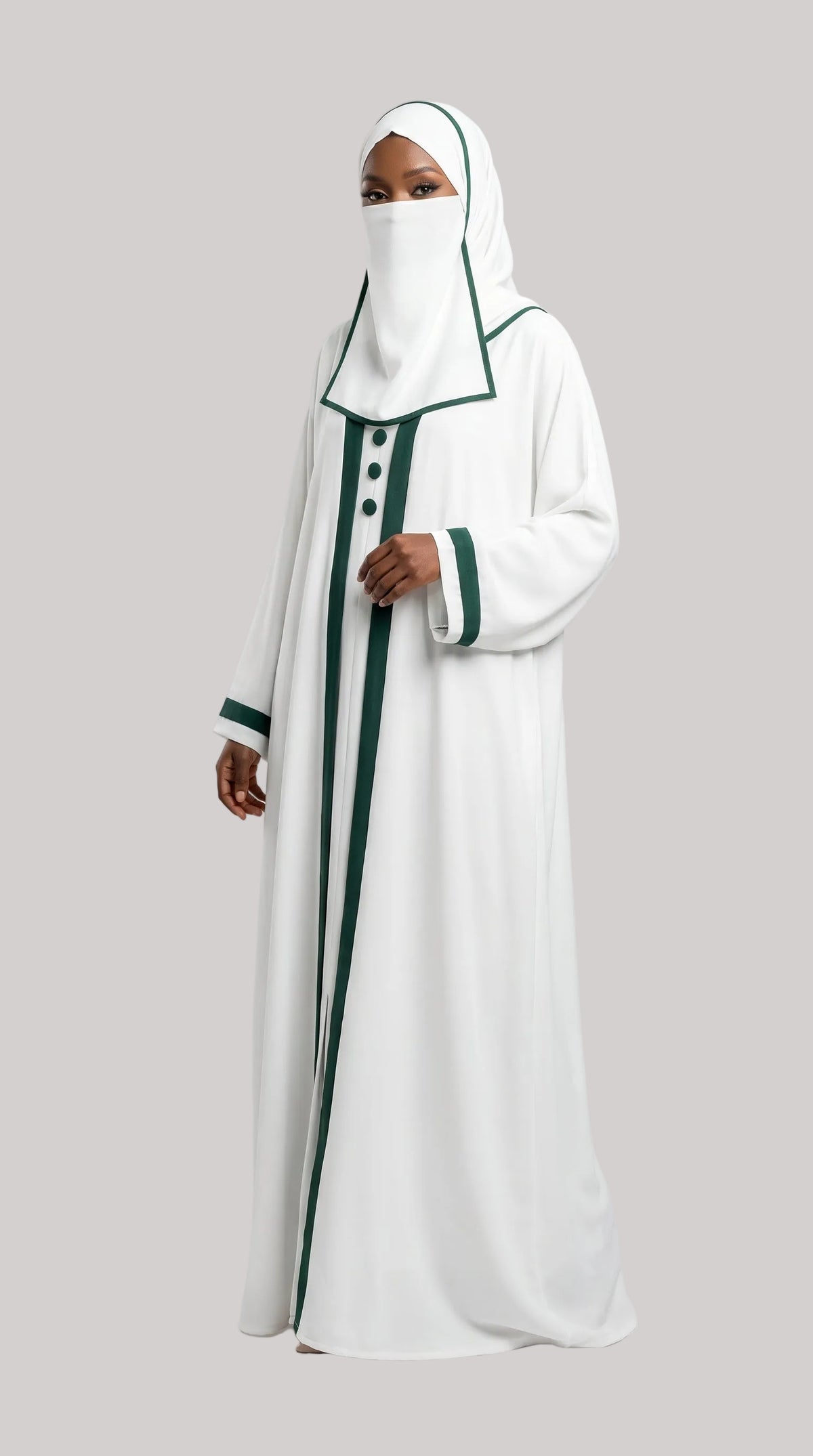 Front-Closed Contrast Trim Abaya with Scarf | Premium Moss Chiffon Contrast Button Maxi Abaya