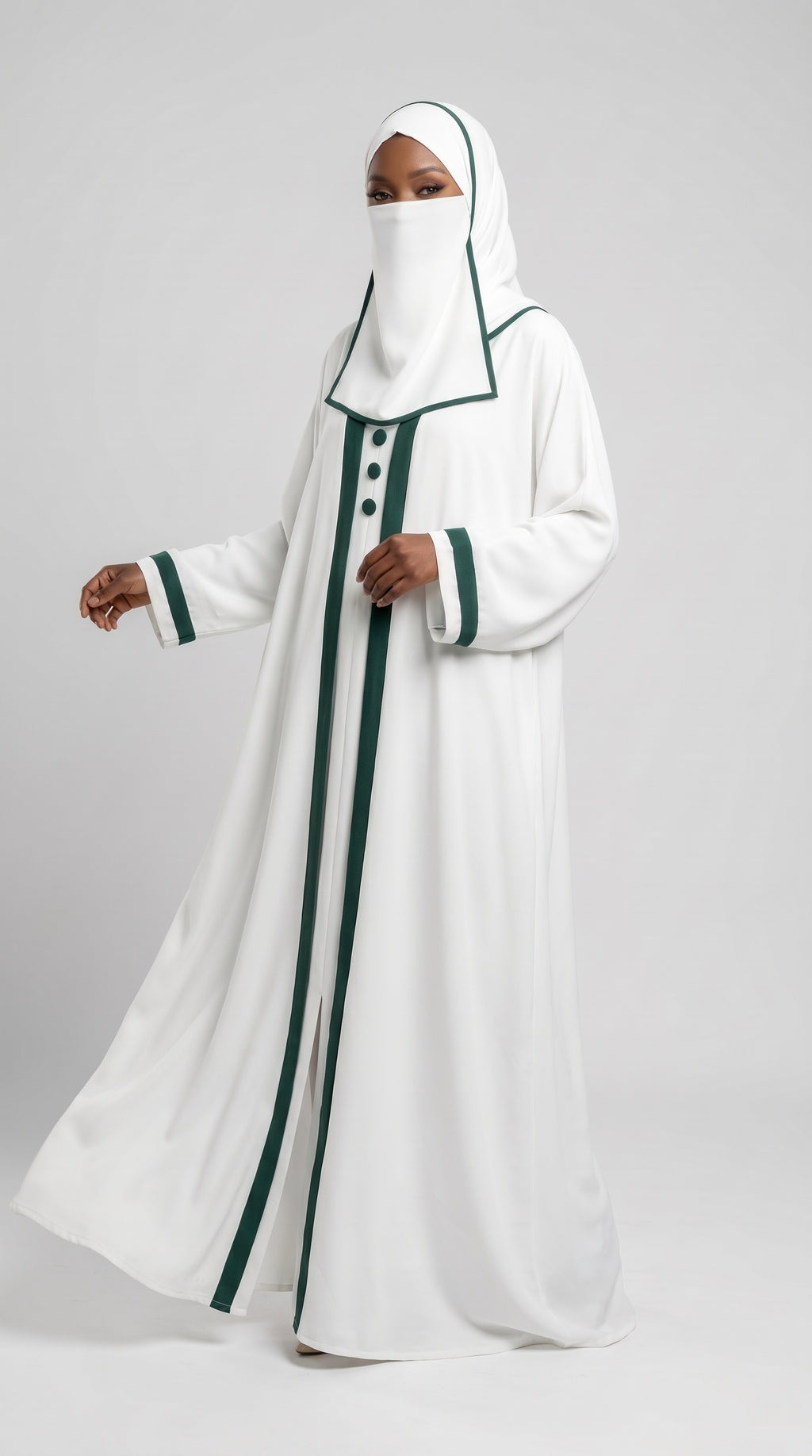 Front-Closed Contrast Trim Abaya with Scarf | Premium Moss Chiffon Contrast Button Maxi Abaya
