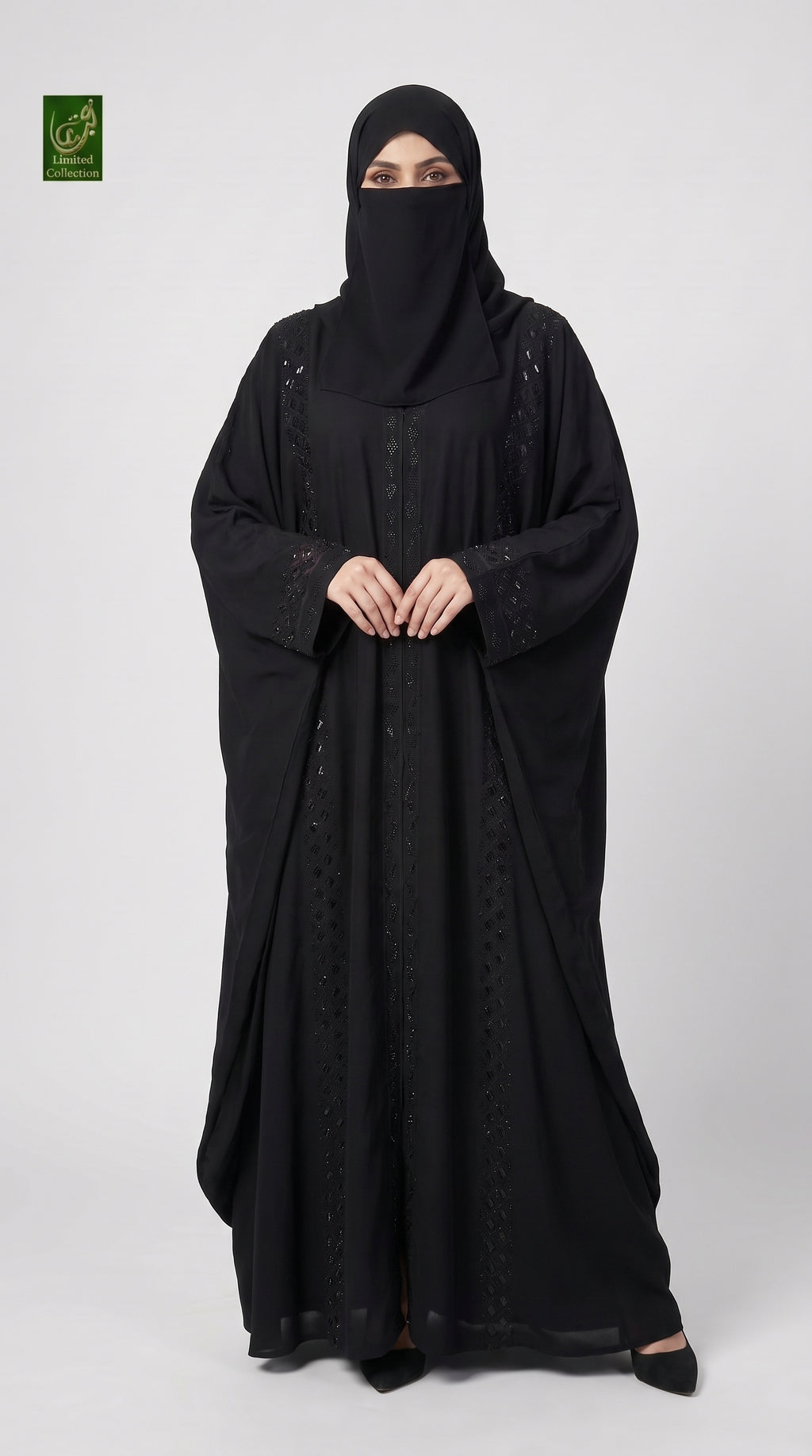 Front-Open Lattice Embroidered Stone Embellished Black Butterfly Abaya | Premium Nida Embroidered Stonework Butterfly Abaya
