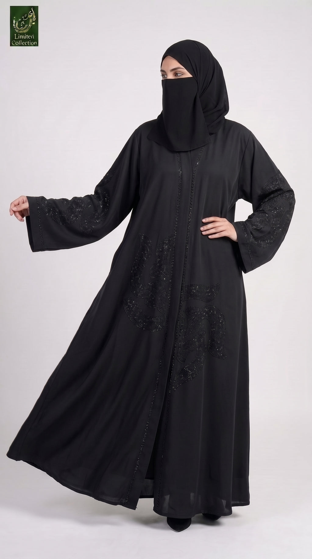 Front-Open Swirling Stonework Black Abaya | Premium Nida Black Stone-Studded Abaya