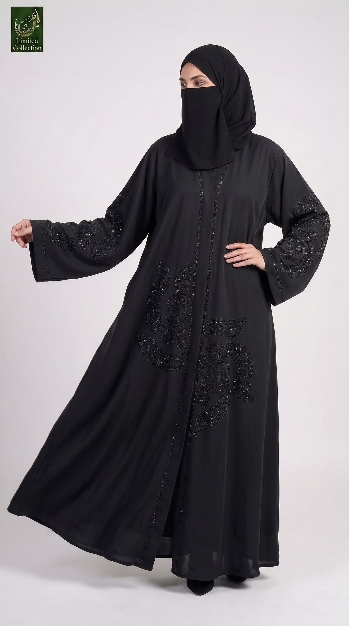 Front-Open Swirling Stonework Black Abaya | Premium Nida Black Stone-Studded Abaya