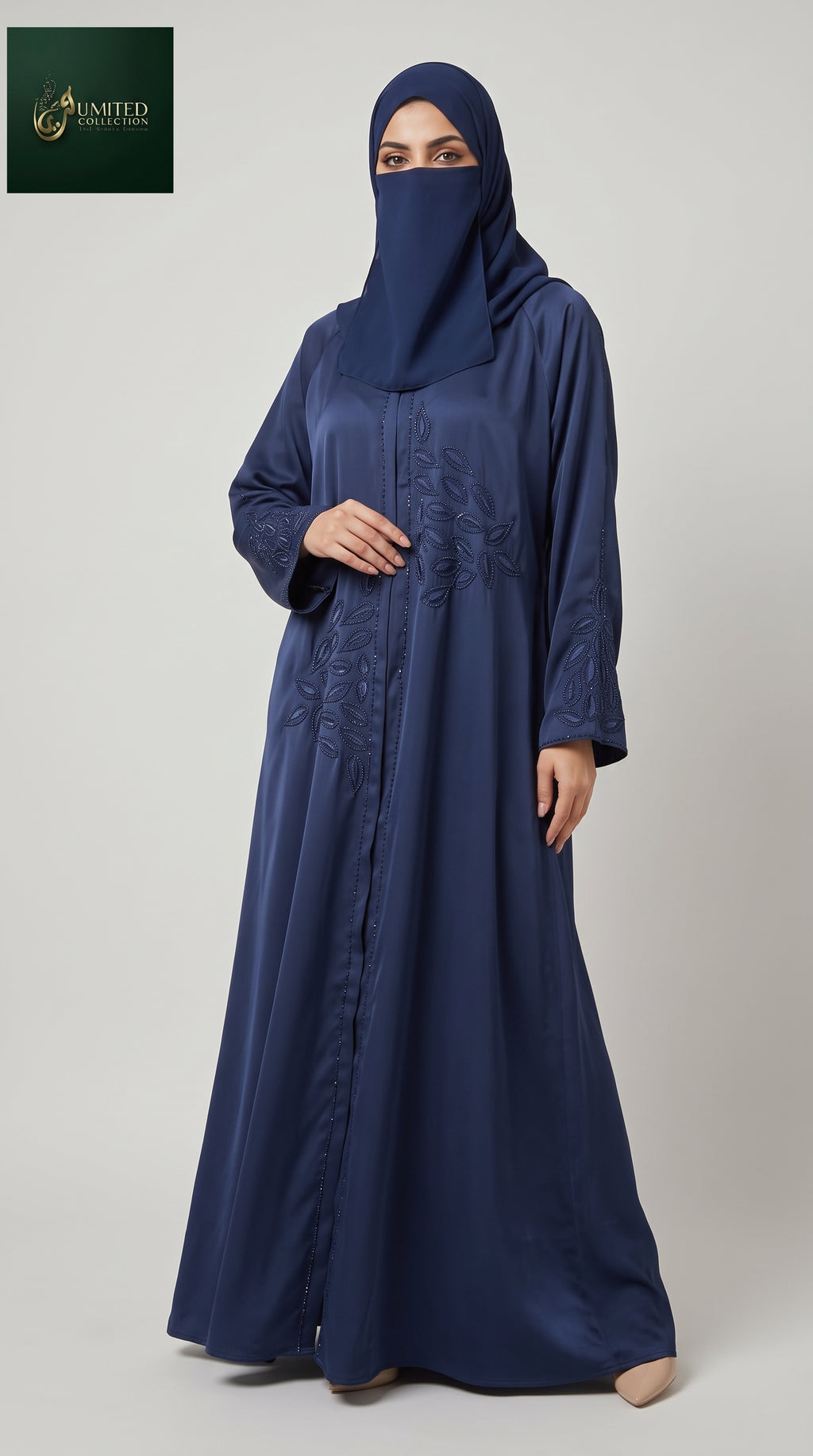 Front-Open Paisley Petal Stonework Abaya | Premium Romantic Nida Stone-Studded Abaya
