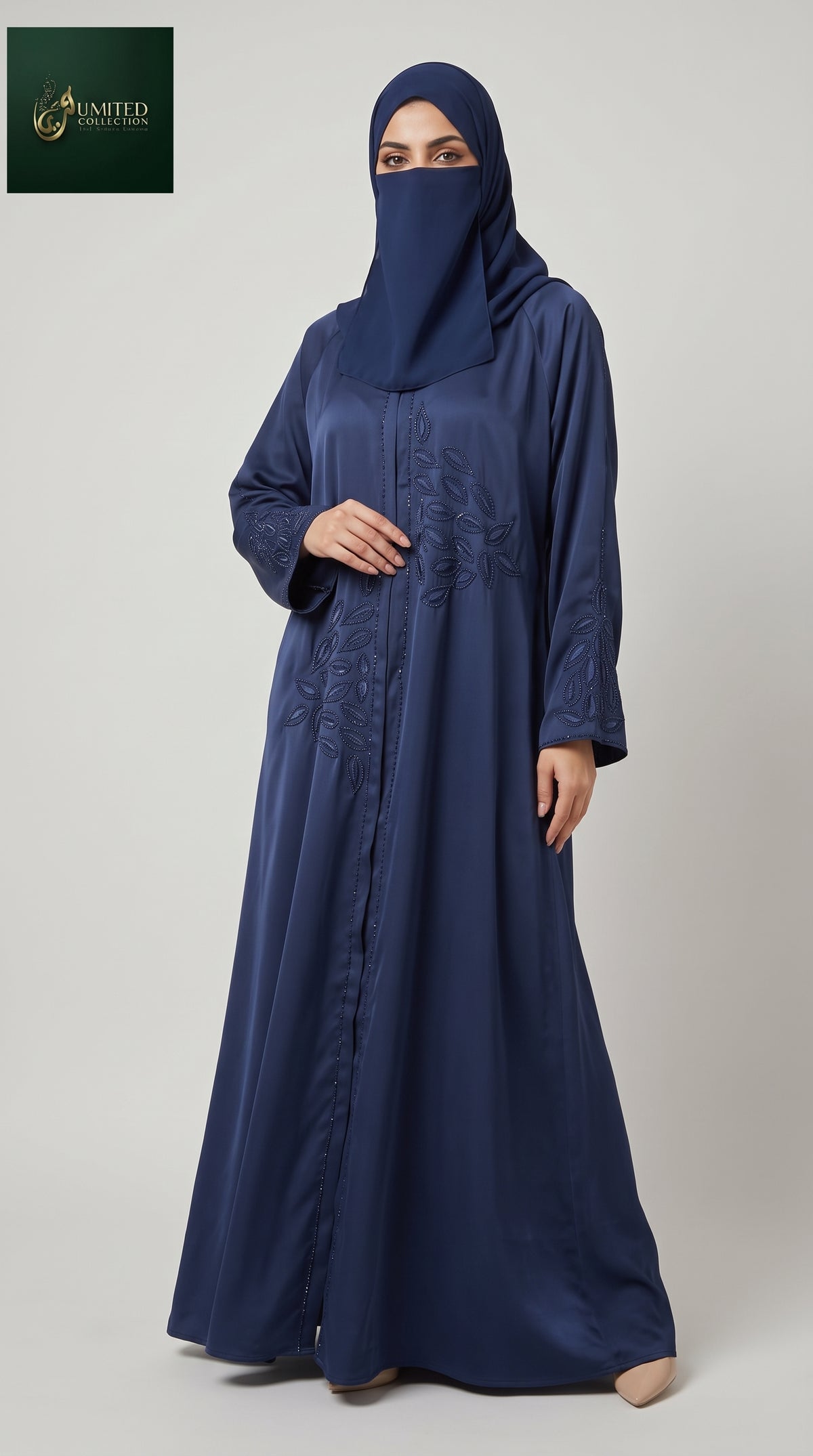 Front-Open Paisley Petal Stonework Abaya | Premium Romantic Nida Stone-Studded Abaya