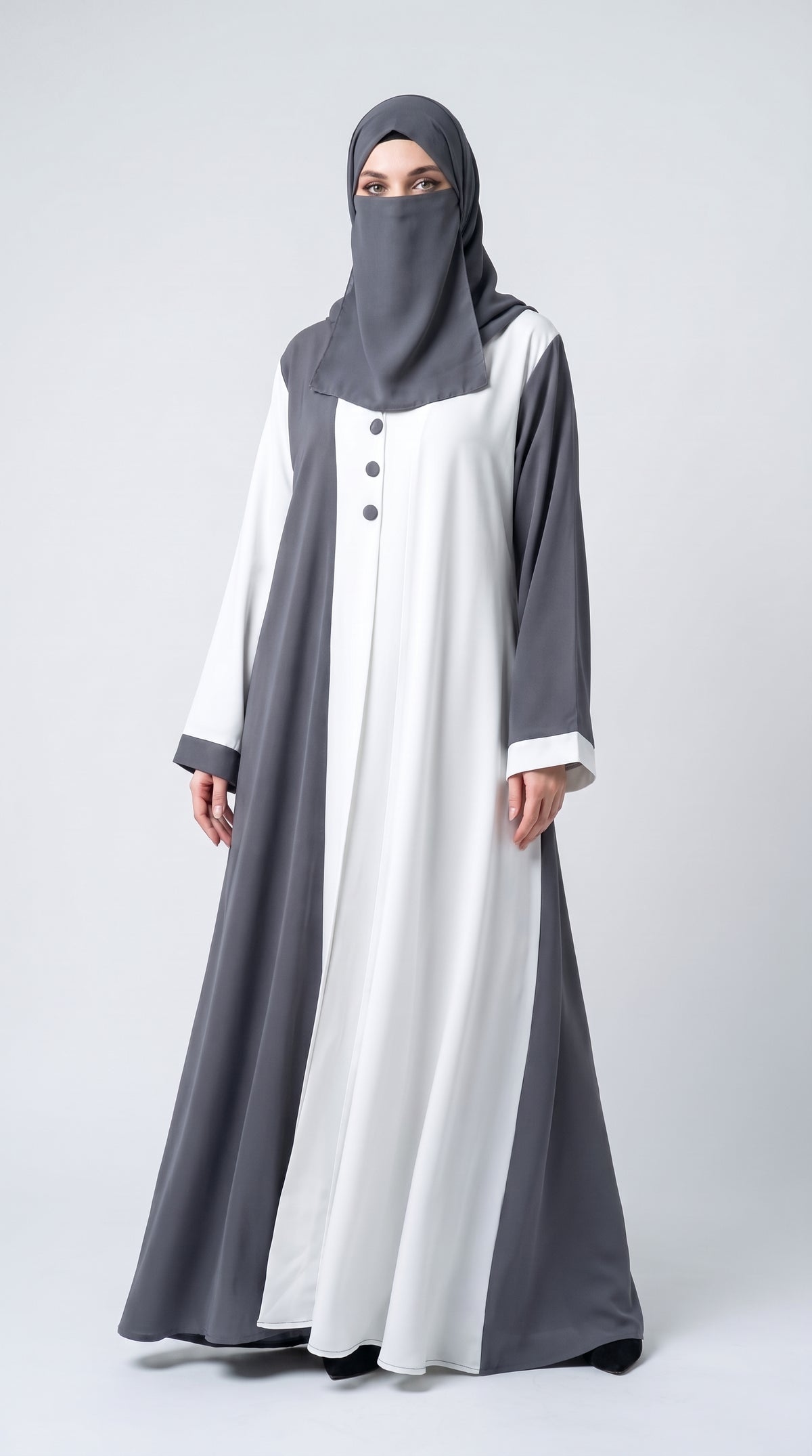 Front-Open Contrast Abaya with Scarf | Premium Moss Chiffon Dual-Tone Button Abaya