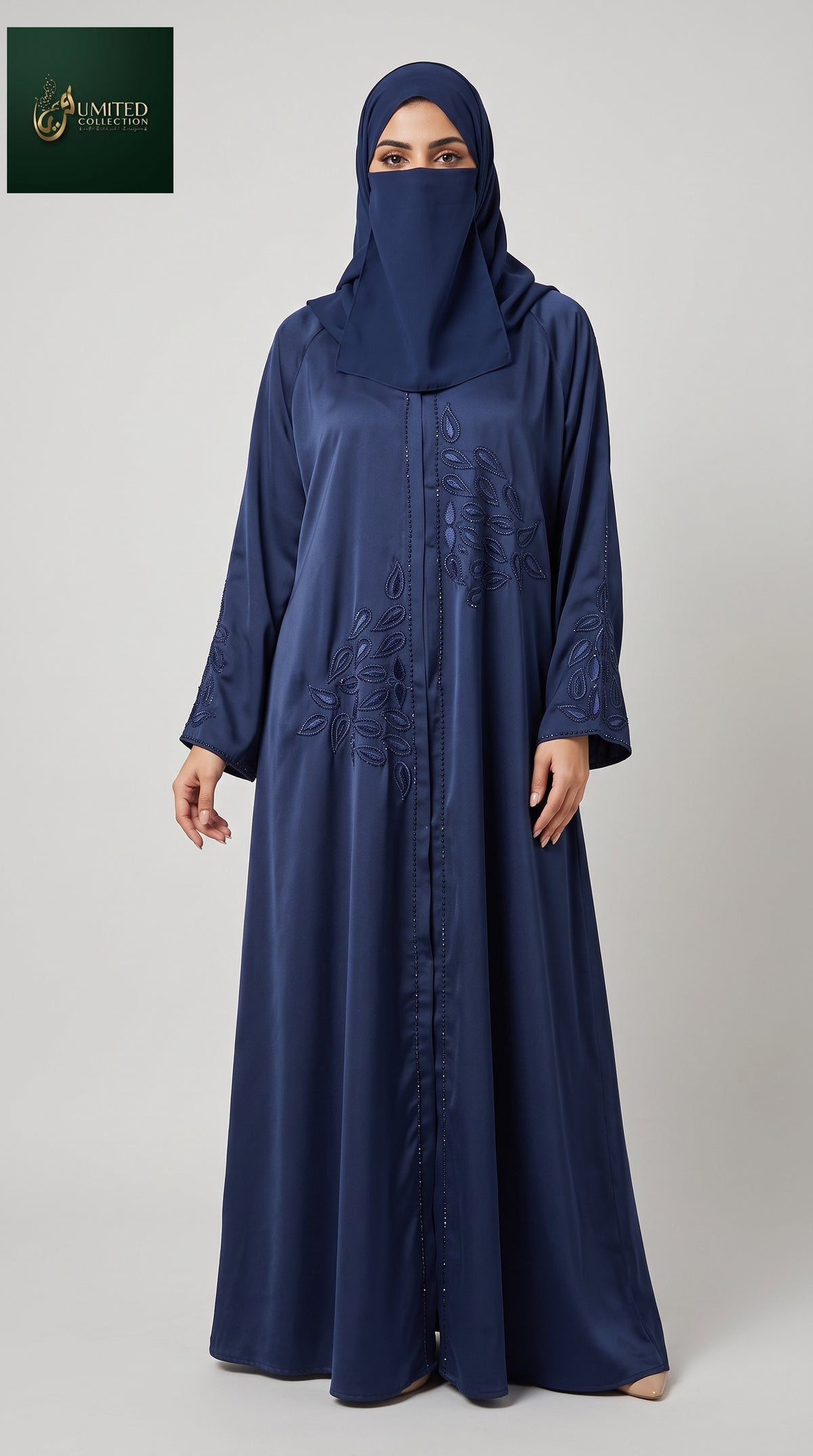 Front-Open Paisley Petal Stonework Abaya | Premium Romantic Nida Stone-Studded Abaya