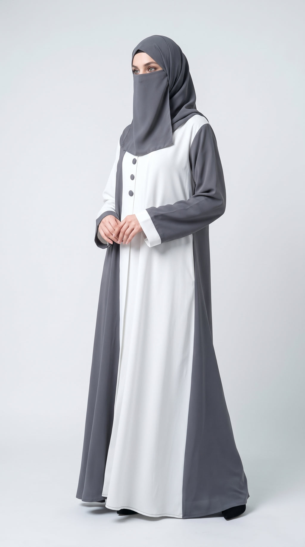 Front-Open Contrast Abaya with Scarf | Premium Moss Chiffon Dual-Tone Button Abaya