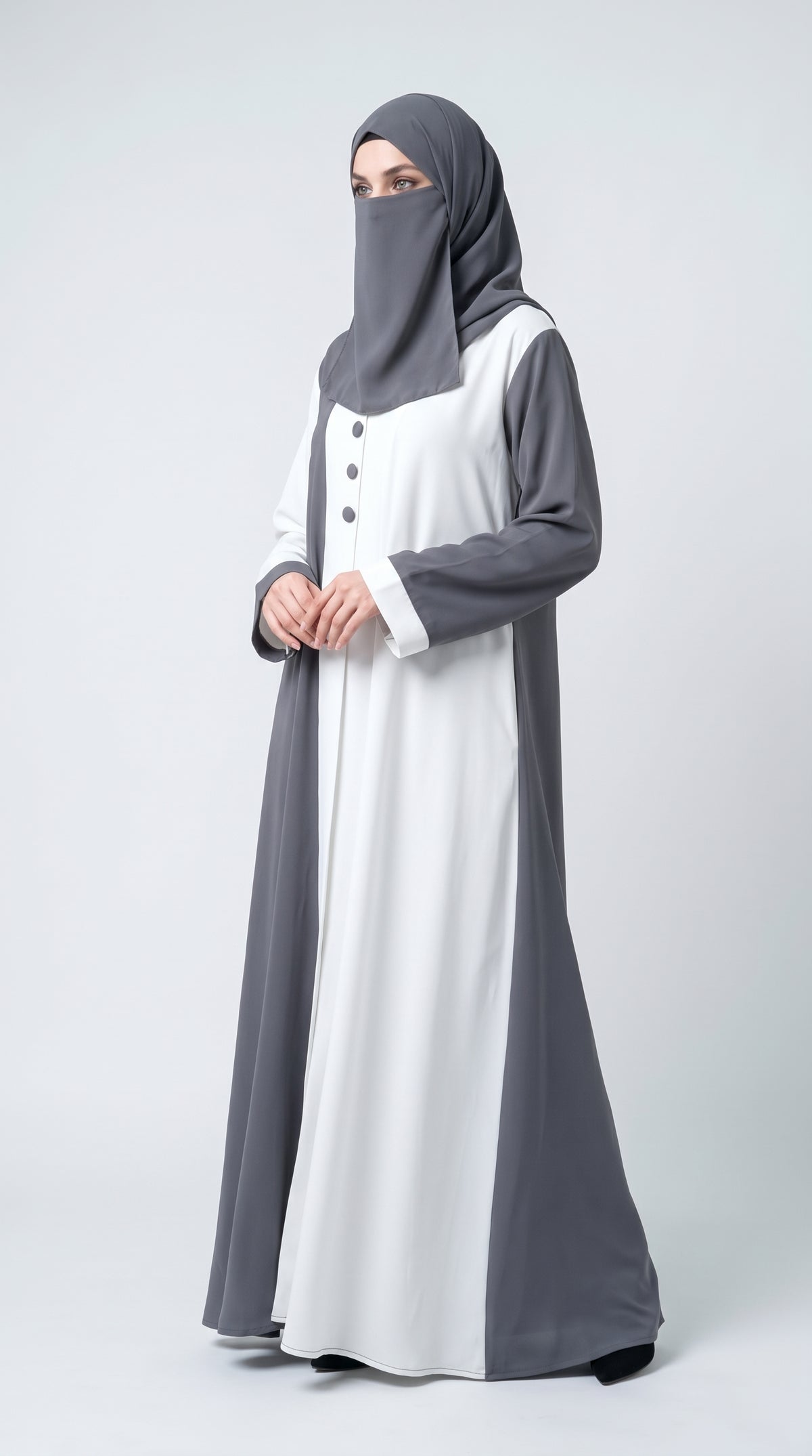 Front-Open Contrast Abaya with Scarf | Premium Moss Chiffon Dual-Tone Button Abaya