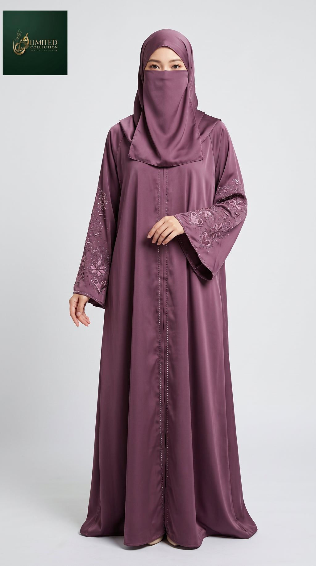 Front-Open Heart Floral Stonework Abaya | Premium Romantic Nida Stone-Studded Abaya