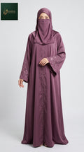 Front-Open Heart Floral Stonework Abaya | Premium Romantic Nida Stone-Studded Abaya