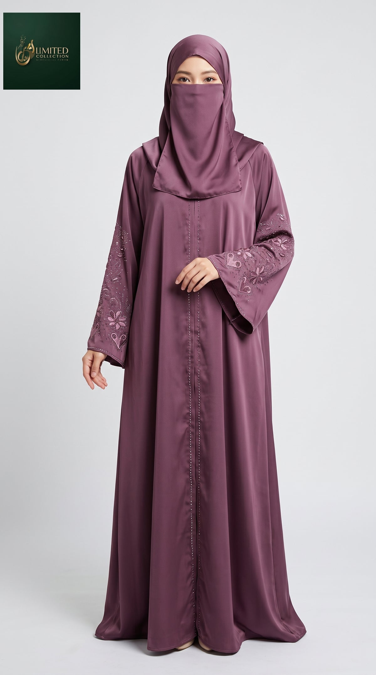 Front-Open Heart Floral Stonework Abaya | Premium Romantic Nida Stone-Studded Abaya