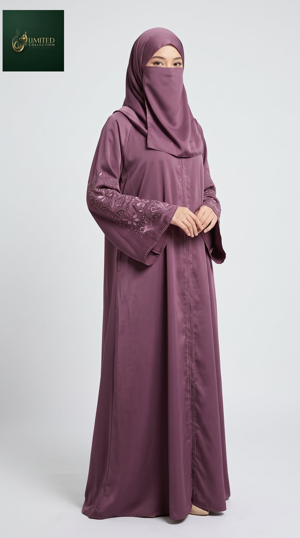 Front-Open Heart Floral Stonework Abaya | Premium Romantic Nida Stone-Studded Abaya