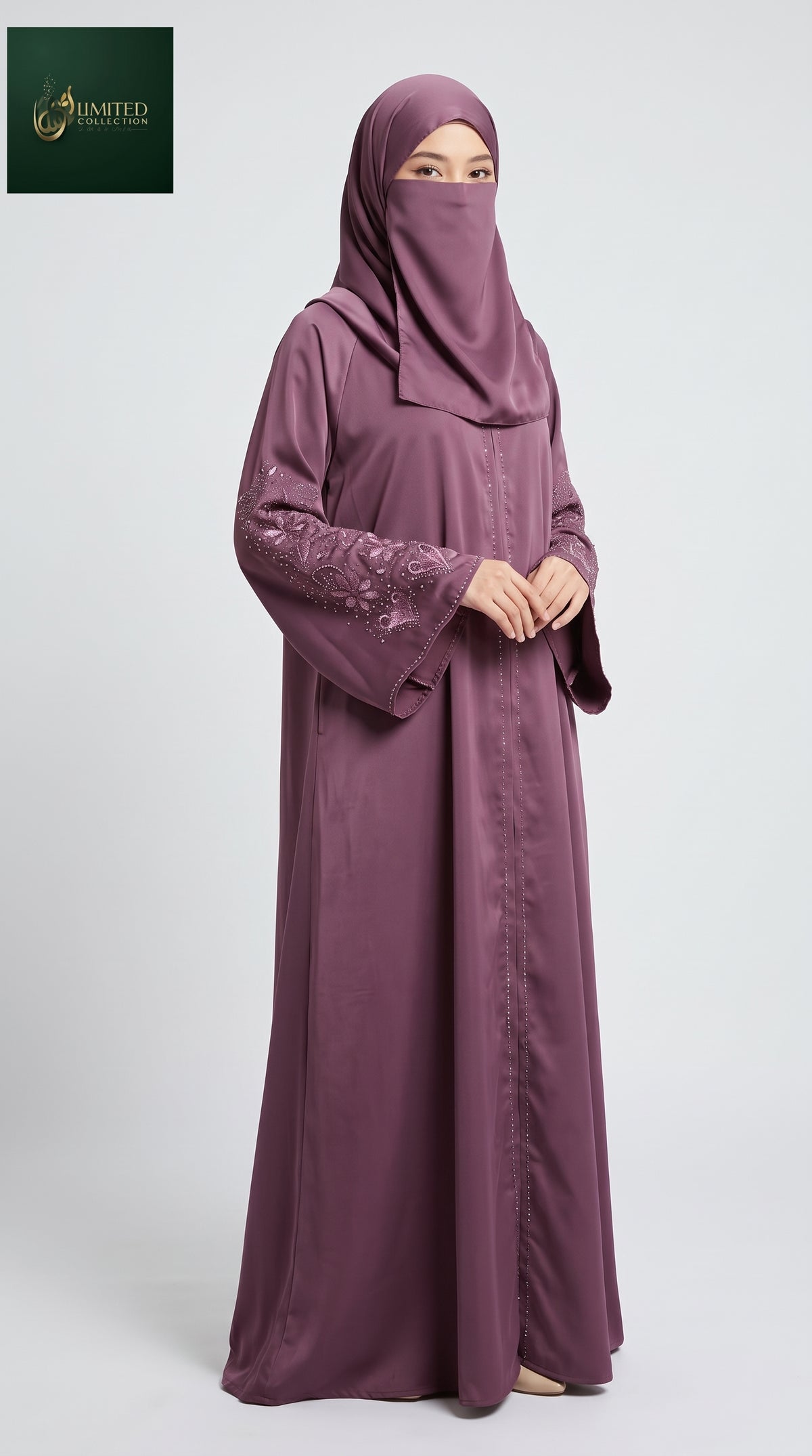 Front-Open Heart Floral Stonework Abaya | Premium Romantic Nida Stone-Studded Abaya